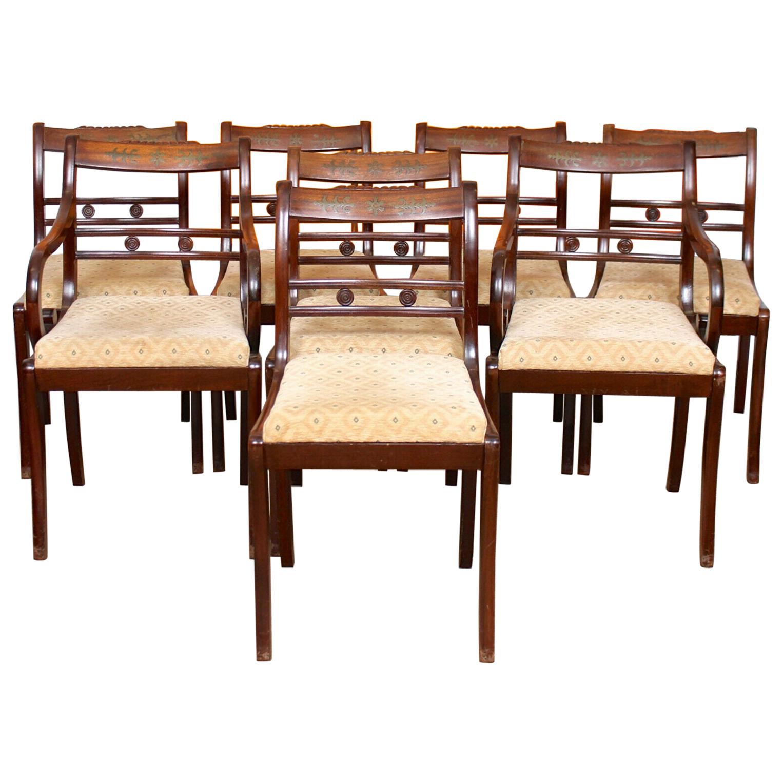 8 Dining Chairs Mahogany Brass Inlaid Carved For Sale