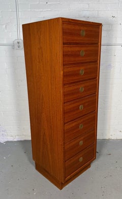 8 Drawer Teak and Brass "Tall boy"  Lingerie Chest by Dyrlund / Denmark