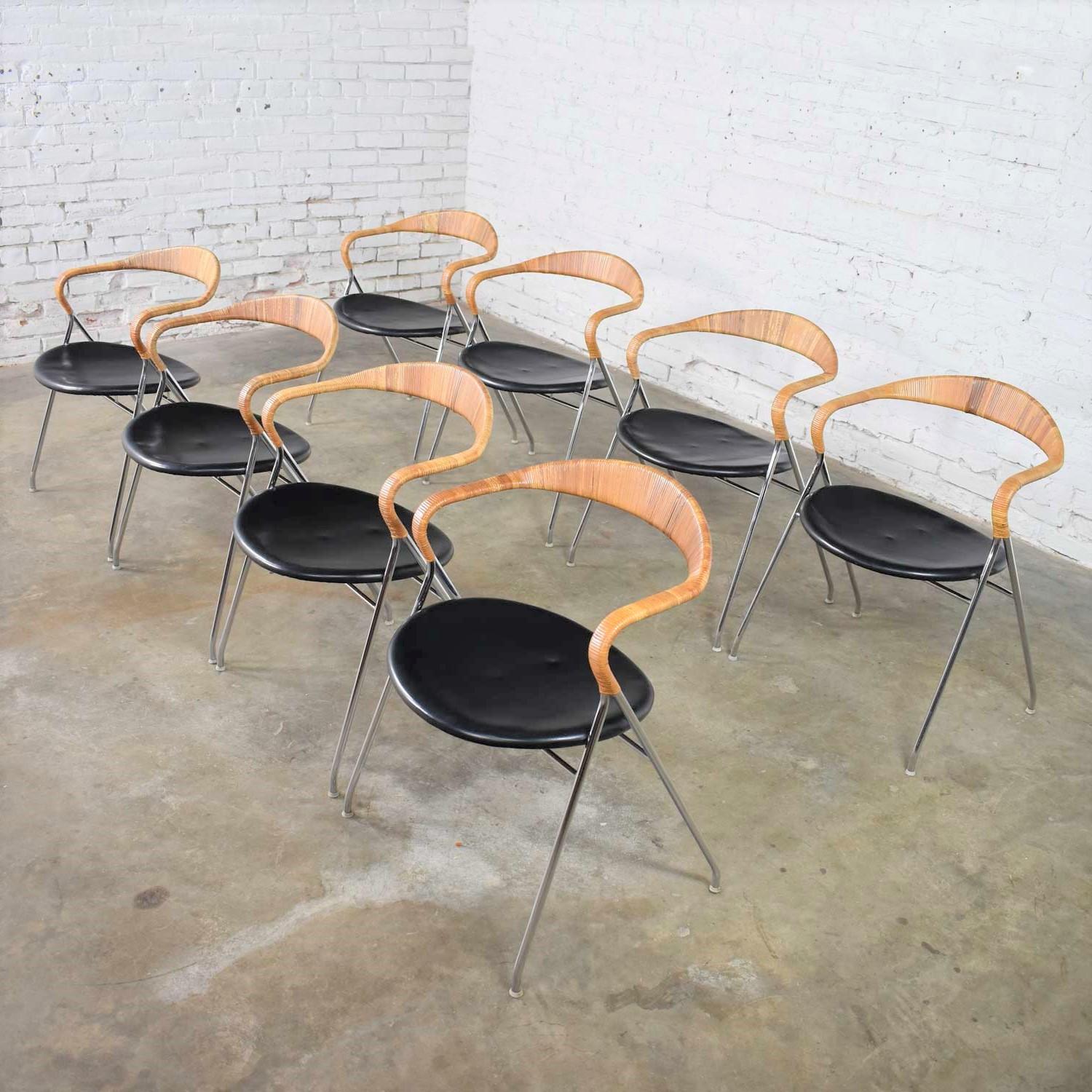 Mid-Century Modern 8 Eichenberger Saffa Dining Chairs Dietiker & Stendig Black Vinyl Chrome Cane