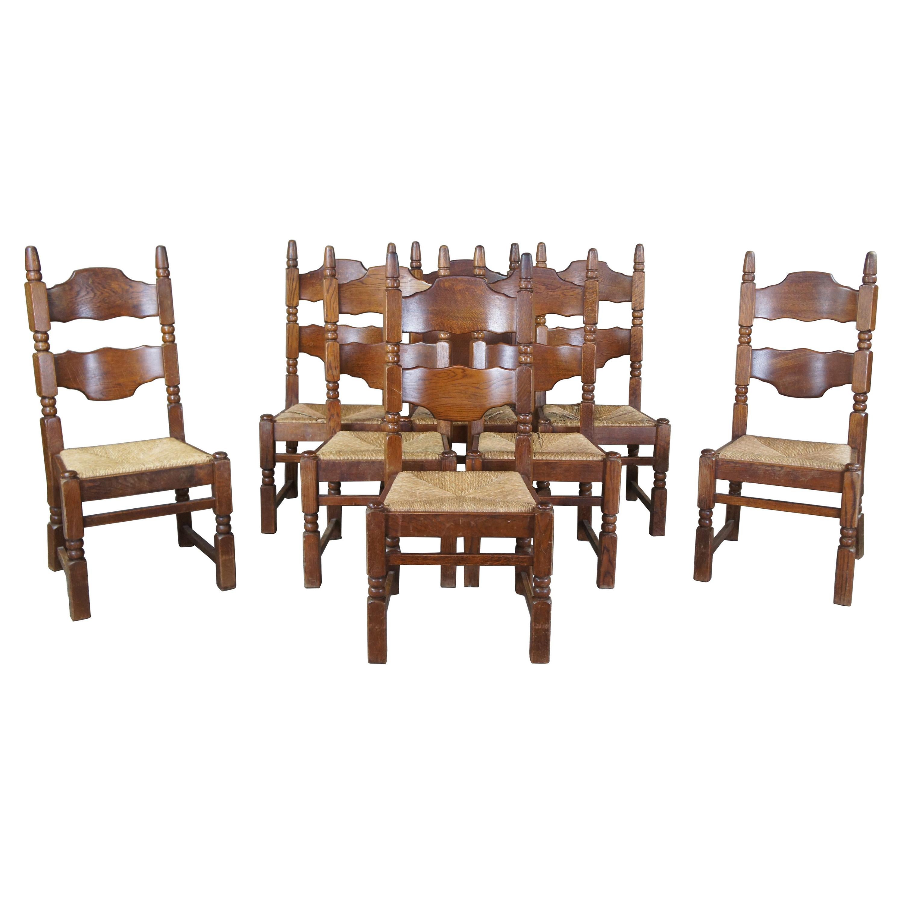 8 European Oak Old World Ladderback Rush Dining Side Chairs Country Farmhouse