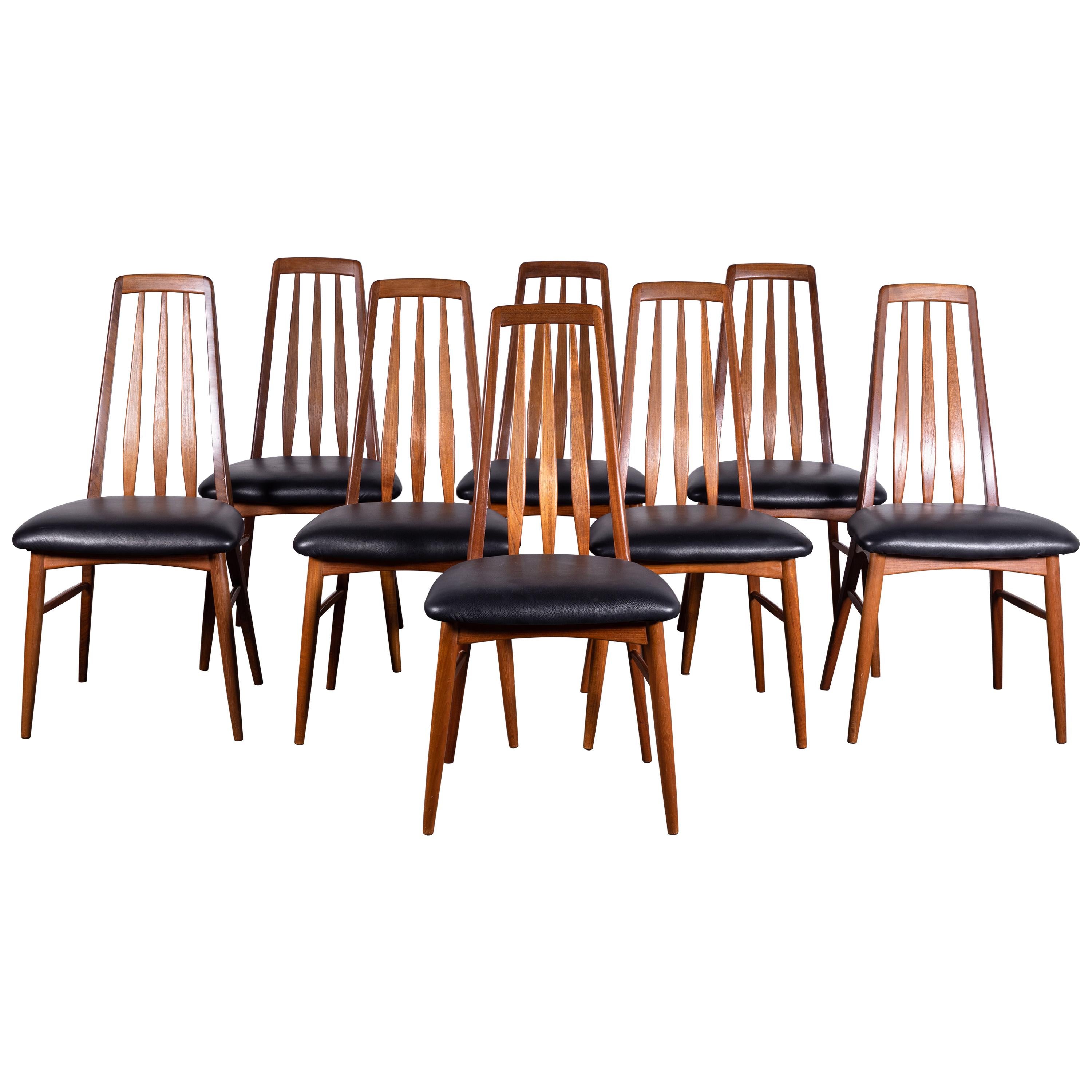 8 "Eva" Teak and Black Leather Dining Chairs by Koefoed for Hornslet Denmark