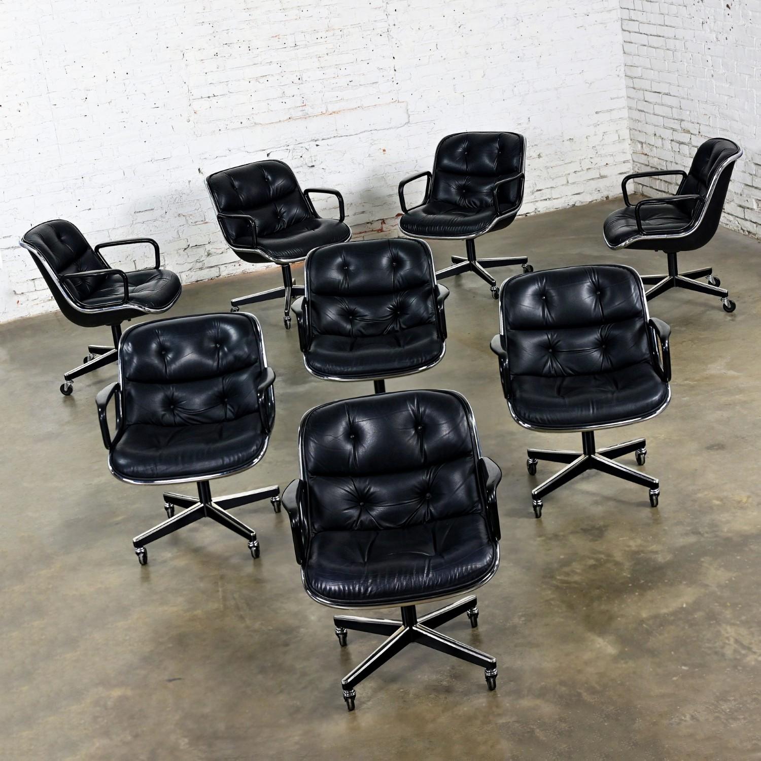 8 Executive Armchairs by Charles Pollock for Knoll Black Leather & 4 Prong Base For Sale 13
