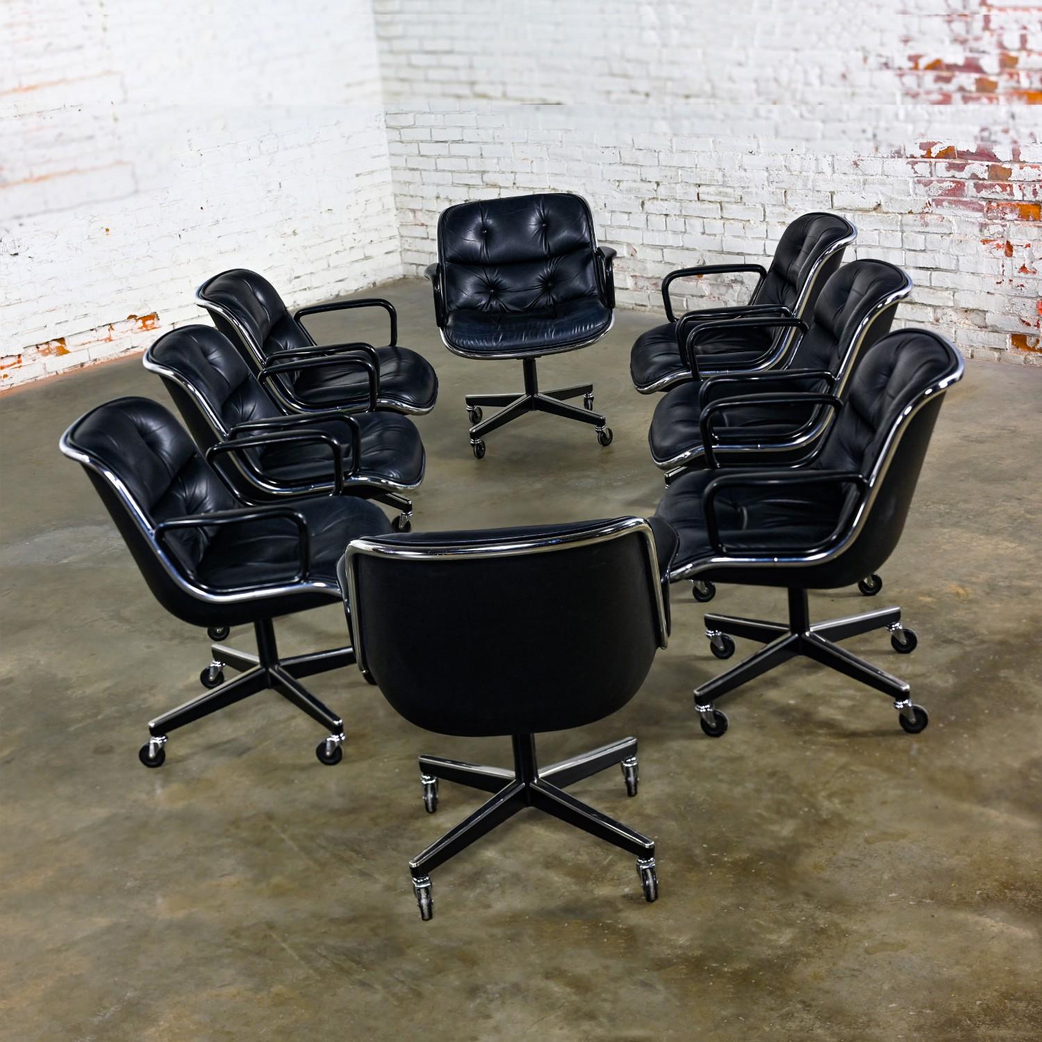 Mid-Century Modern 8 Executive Armchairs by Charles Pollock for Knoll Black Leather & 4 Prong Base For Sale