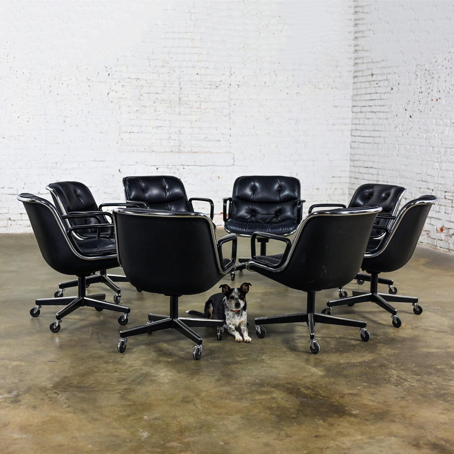 American 8 Executive Armchairs by Charles Pollock for Knoll Black Leather & 4 Prong Base For Sale