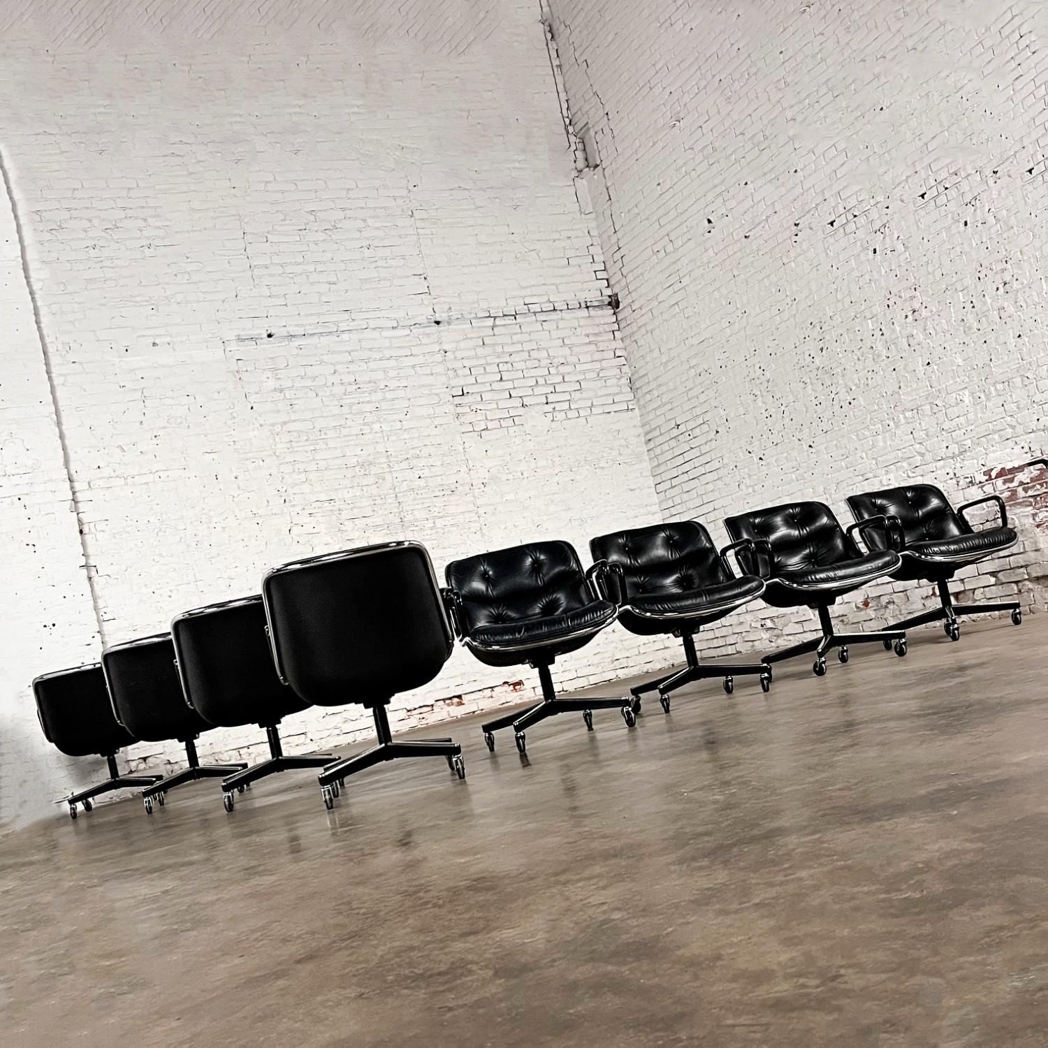 8 Executive Armchairs by Charles Pollock for Knoll Black Leather & 4 Prong Base In Good Condition For Sale In Topeka, KS