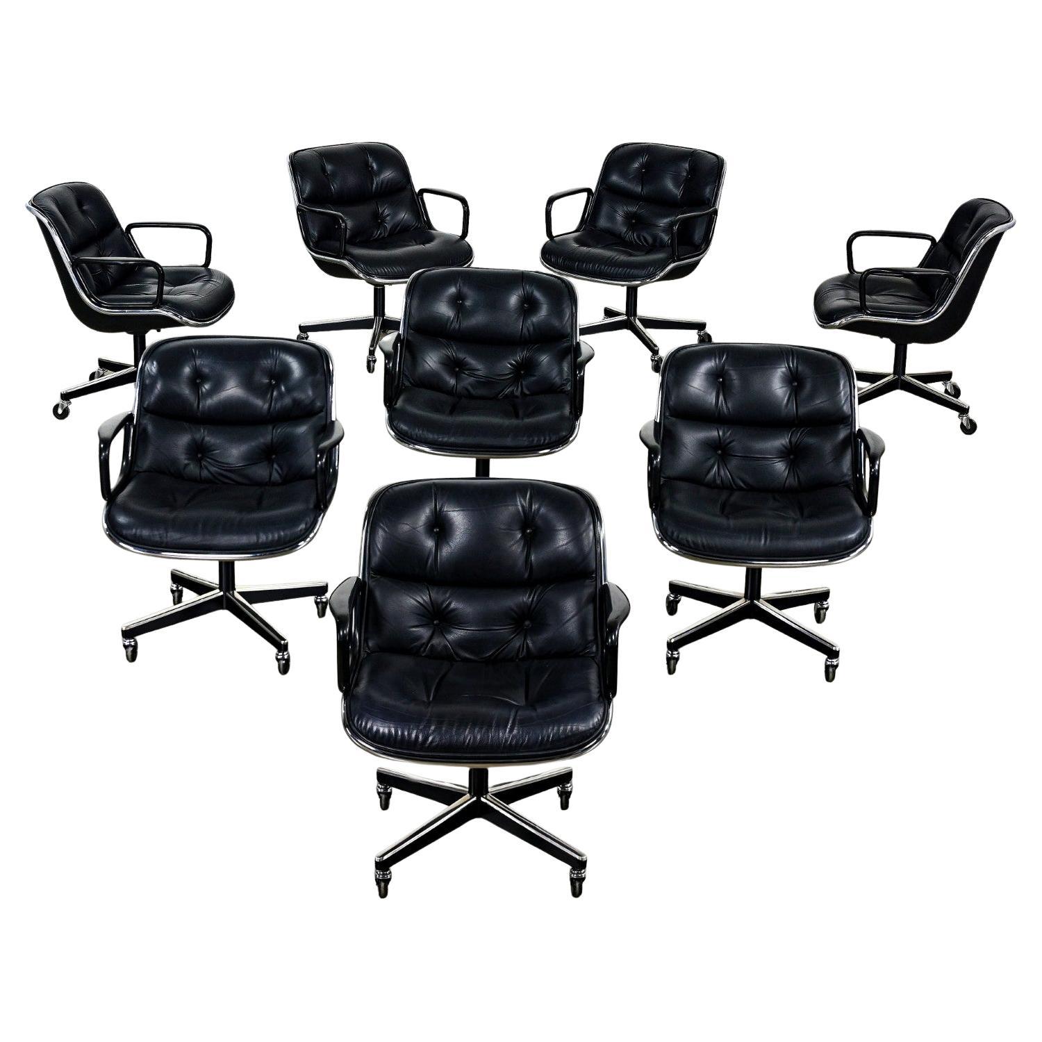 8 Executive Armchairs by Charles Pollock for Knoll Black Leather & 4 Prong Base