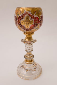 8 Exquisite Antique Wine Goblets, Moser Circa 1880, Ruby Color Detailed Enamel