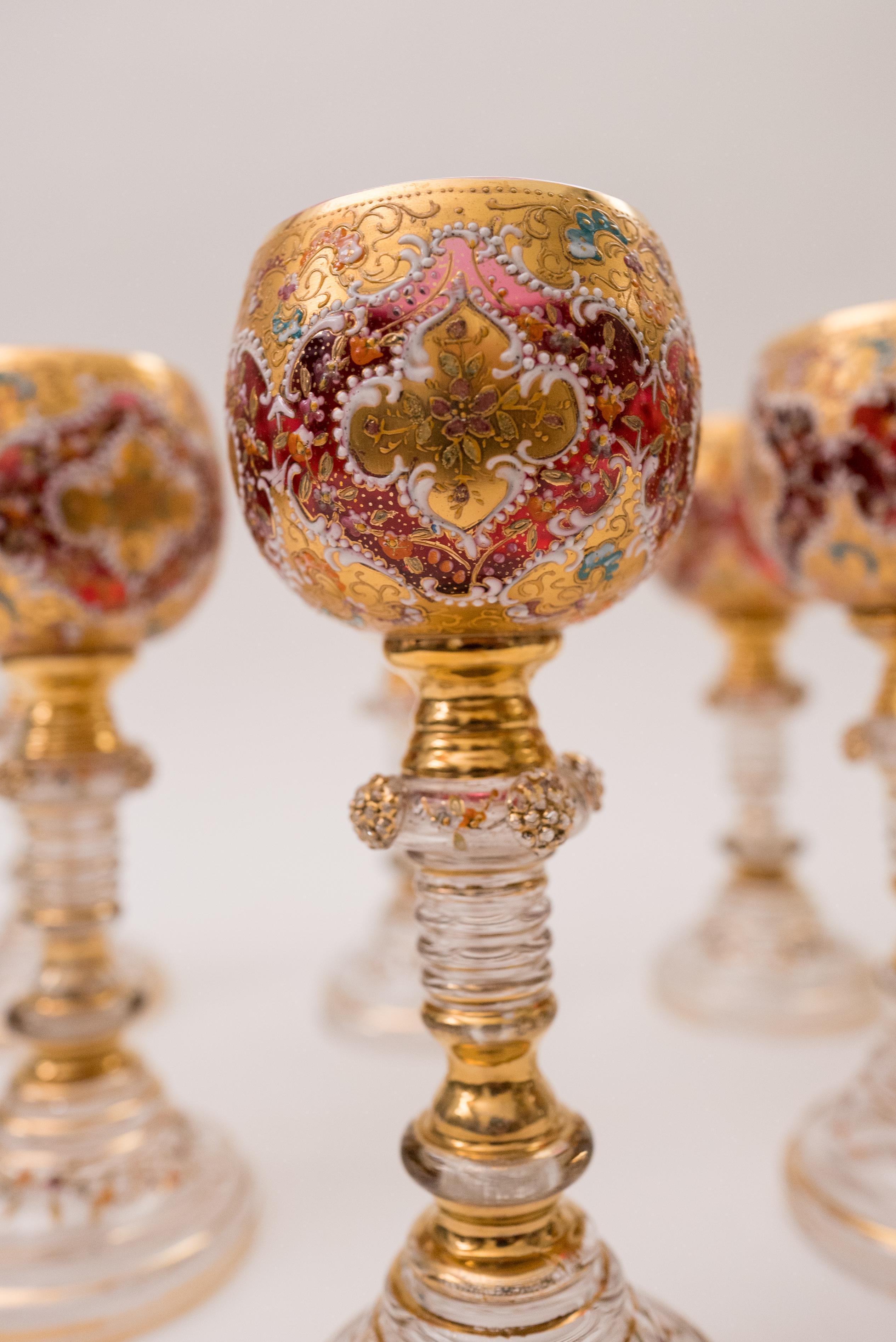 Czech 8 Exquisite Antique Wine Goblets, Moser Circa 1880, Ruby Color Detailed Enamel