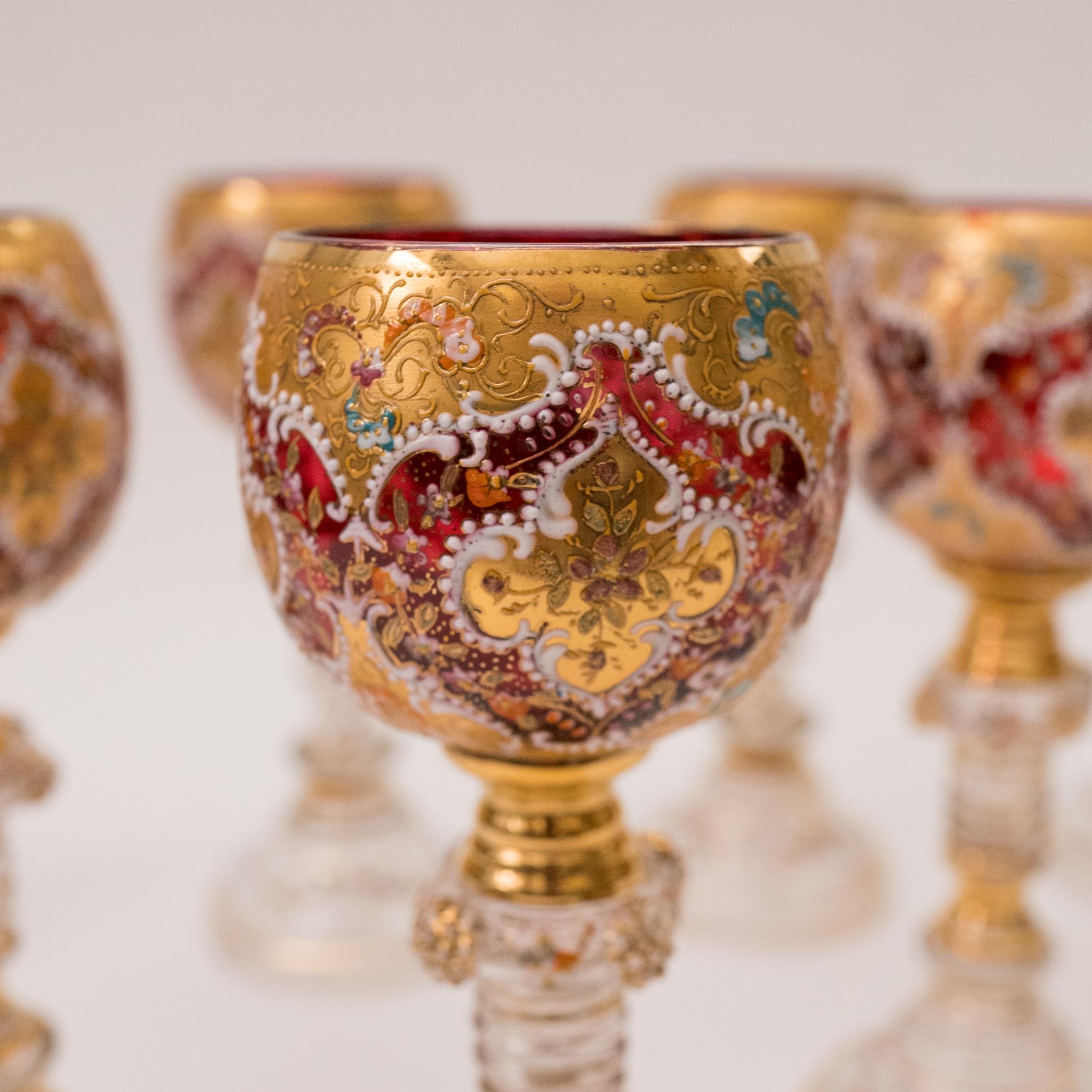 Hand-Crafted 8 Exquisite Antique Wine Goblets, Moser Circa 1880, Ruby Color Detailed Enamel
