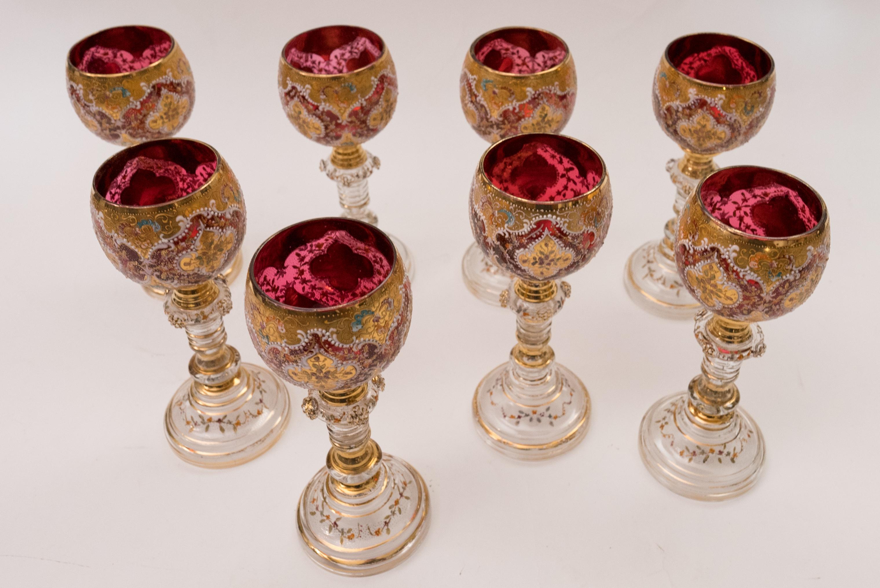 Late 19th Century 8 Exquisite Antique Wine Goblets, Moser Circa 1880, Ruby Color Detailed Enamel