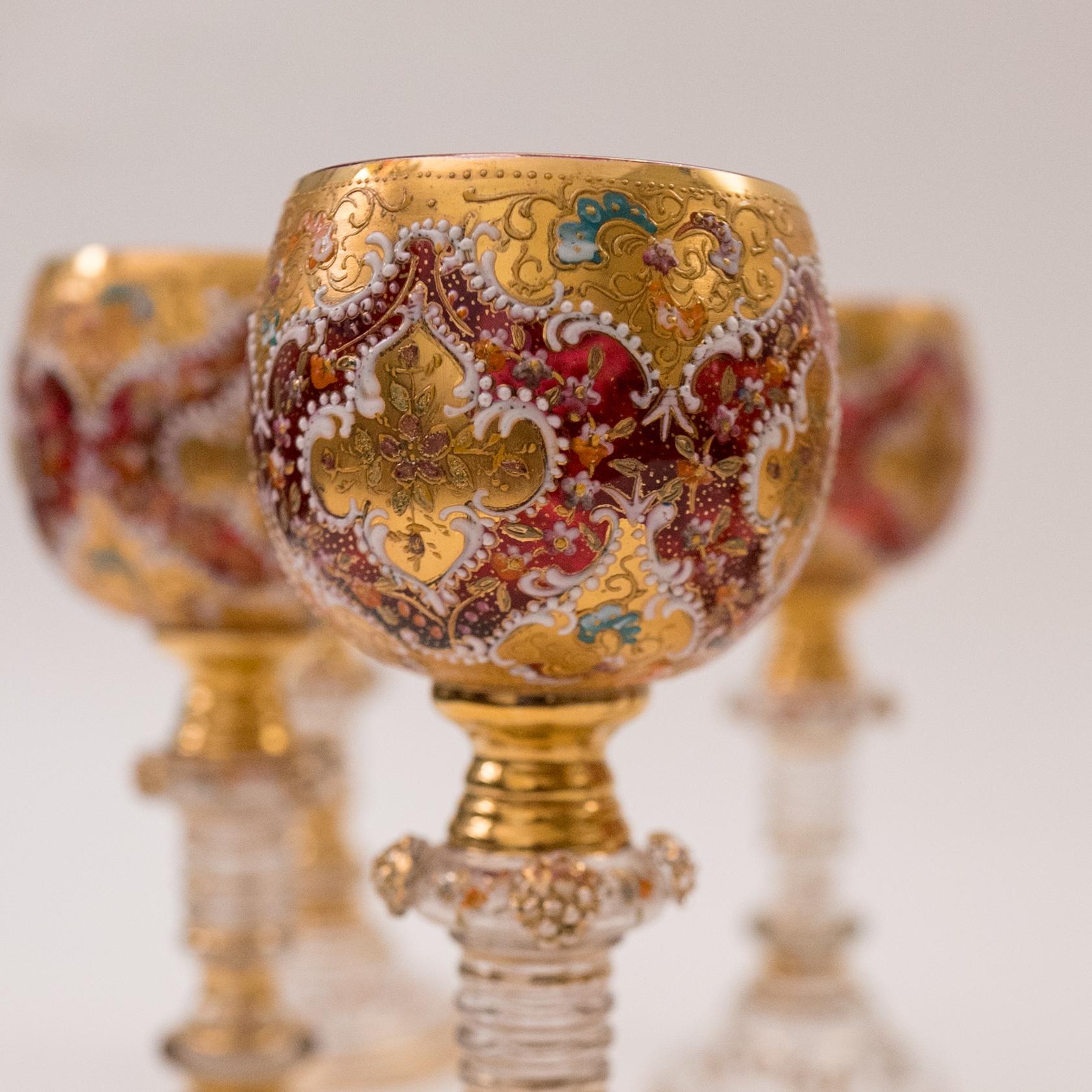 Gold 8 Exquisite Antique Wine Goblets, Moser Circa 1880, Ruby Color Detailed Enamel