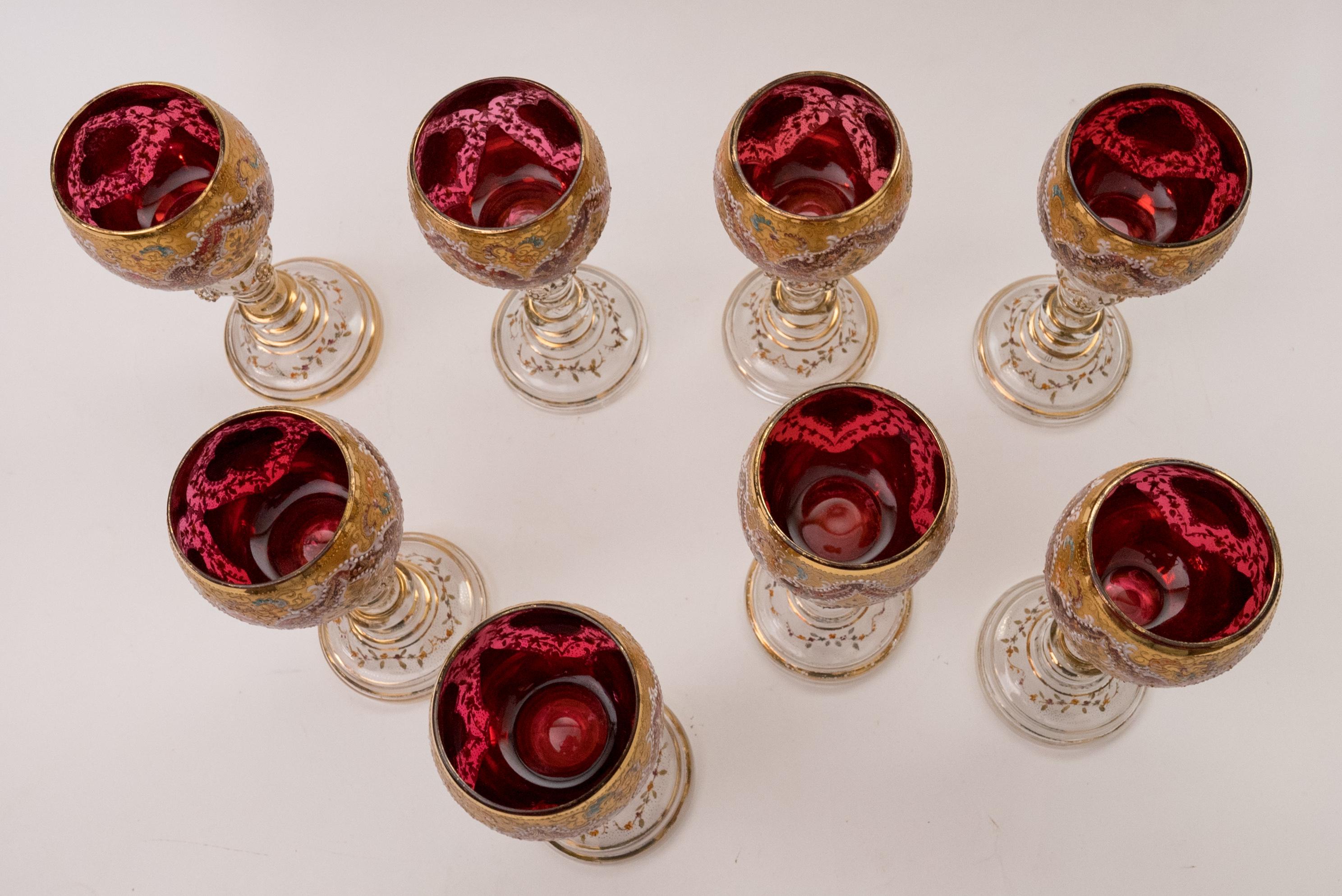 8 Exquisite Antique Wine Goblets, Moser Circa 1880, Ruby Color Detailed Enamel 1