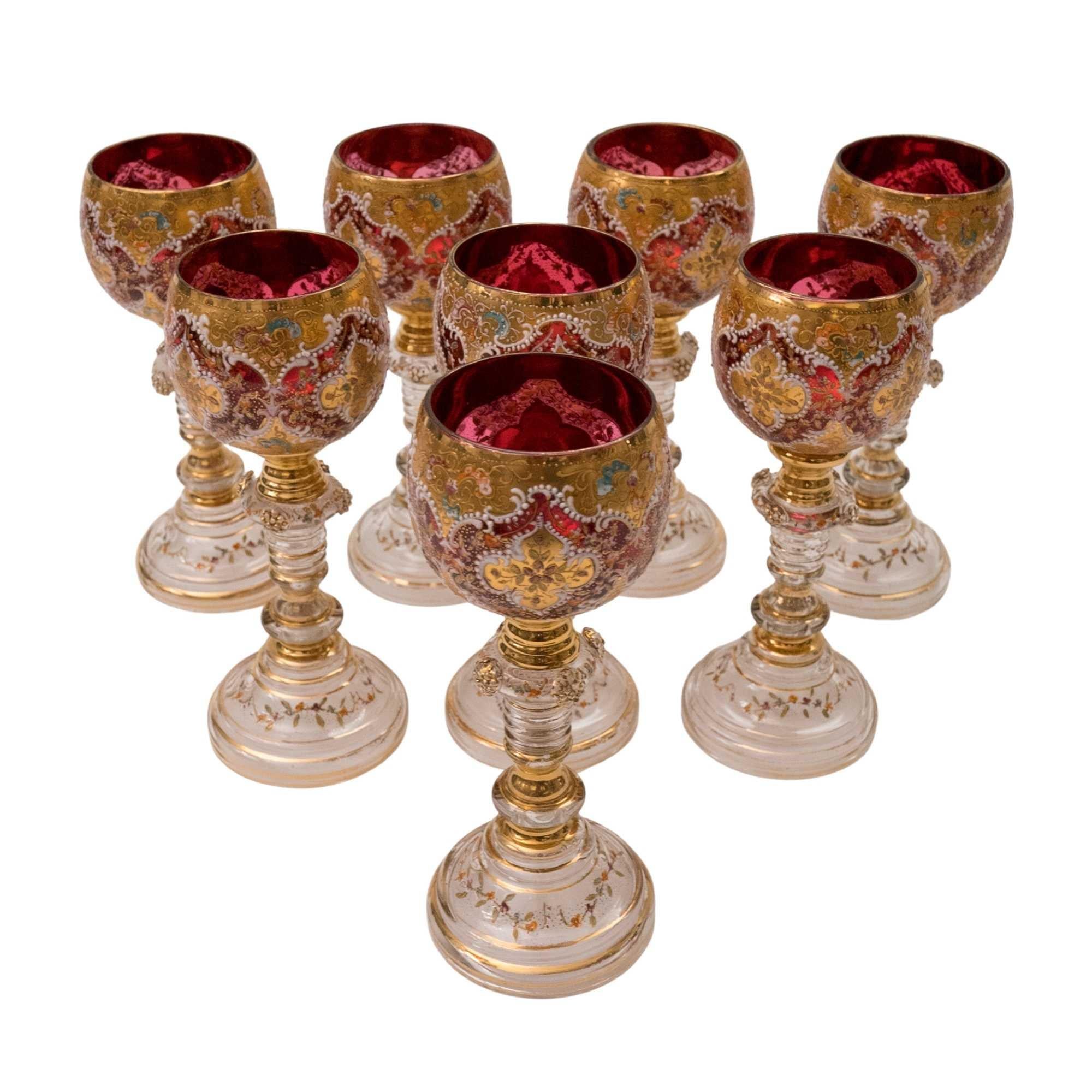 8 Exquisite Antique Wine Goblets, Moser Circa 1880, Ruby Color Detailed Enamel 2