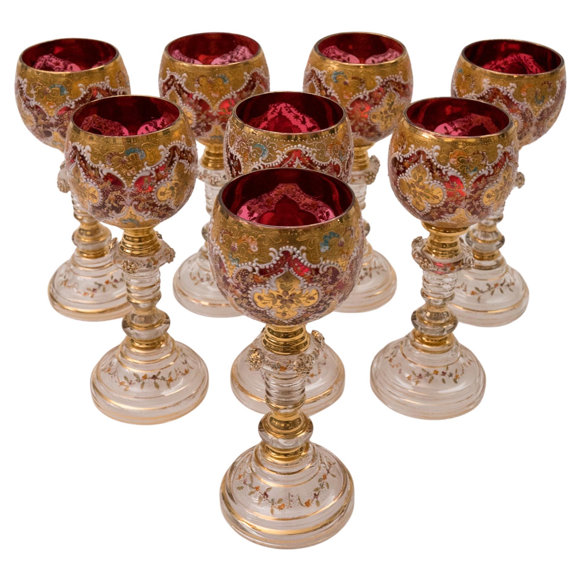 8 Exquisite Antique Wine Goblets, Moser Circa 1880, Ruby Color Detailed Enamel