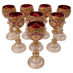 8 Exquisite Antique Wine Goblets, Moser Circa 1880, Ruby Color Detailed Enamel