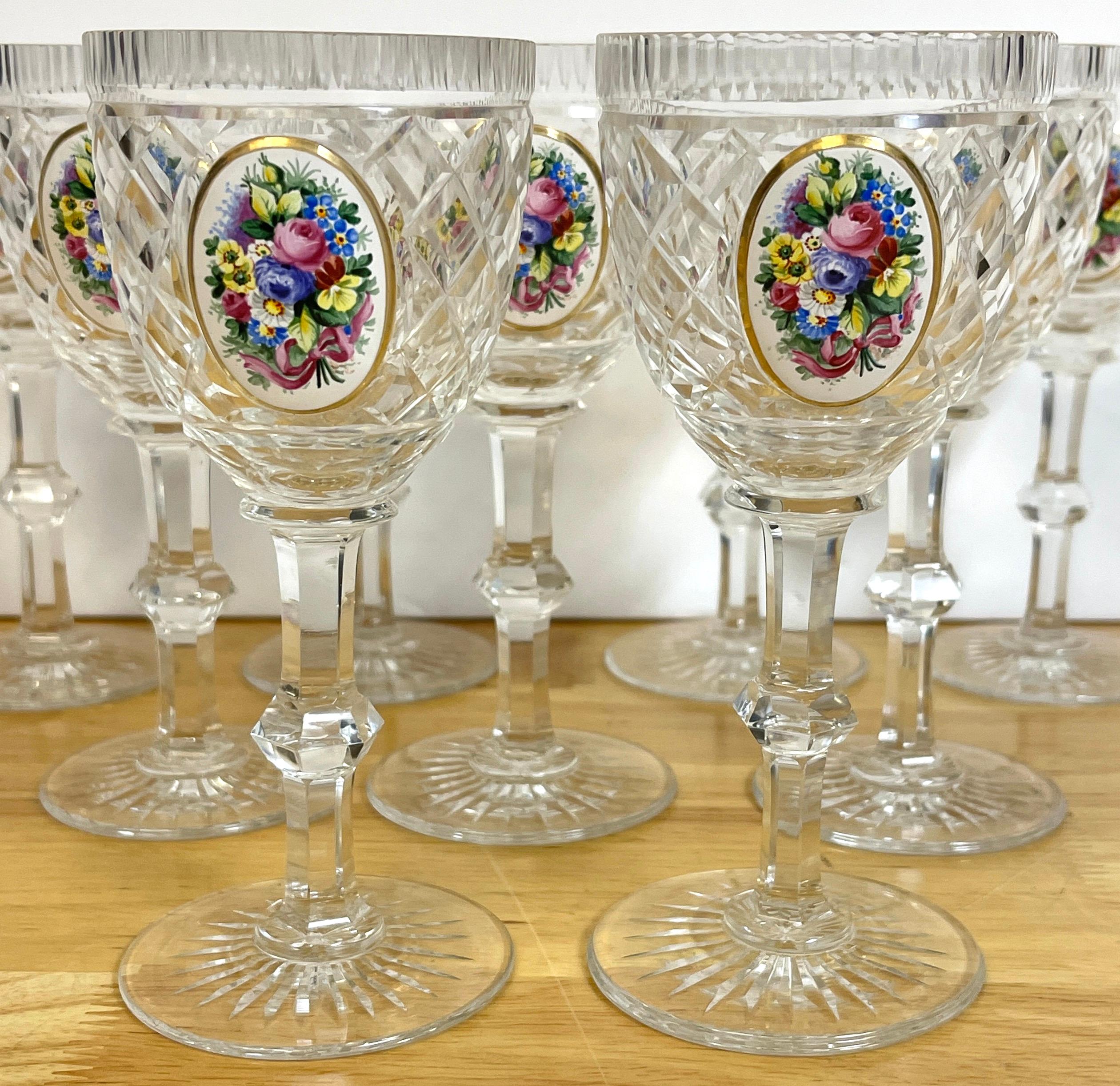 Czech 8 Exquisite Moser Floral Enameled Cut to Clear Enamel Glasses For Sale
