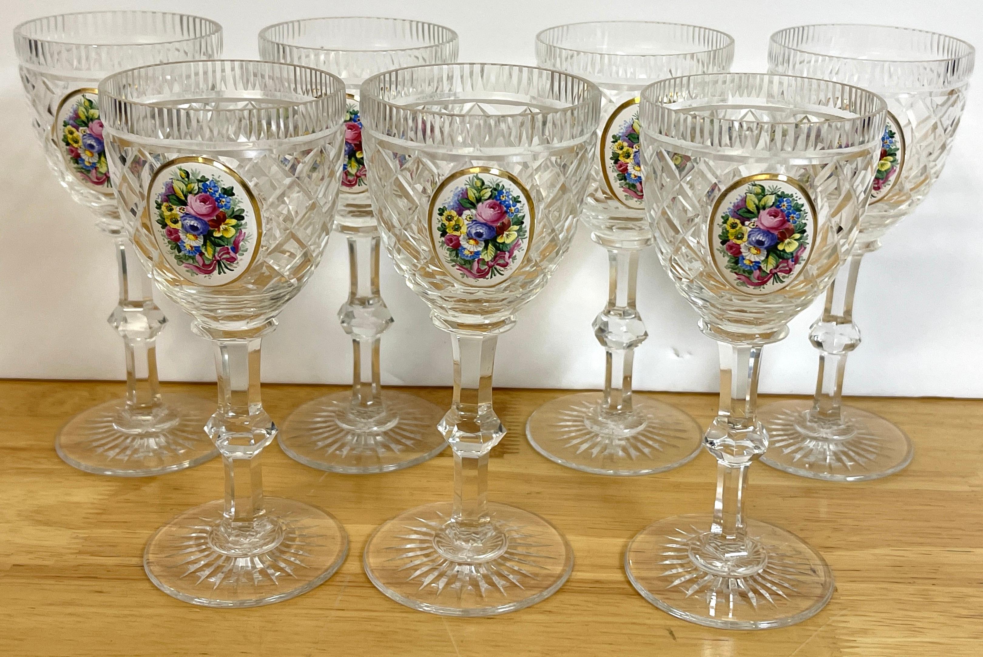 Gilt 8 Exquisite Moser Floral Enameled Cut to Clear Enamel Glasses For Sale