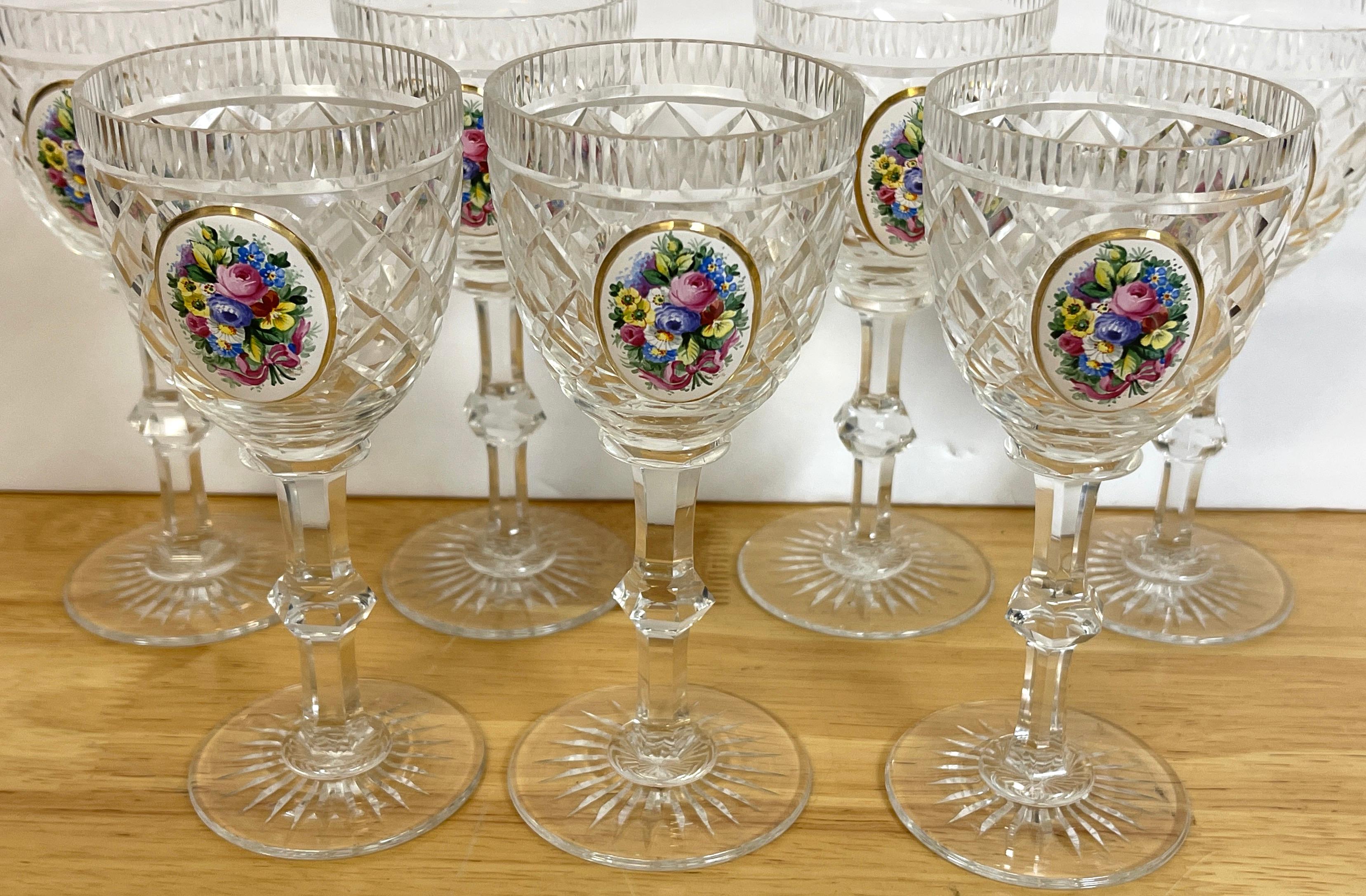 8 Exquisite Moser Floral Enameled Cut to Clear Enamel Glasses In Good Condition For Sale In West Palm Beach, FL
