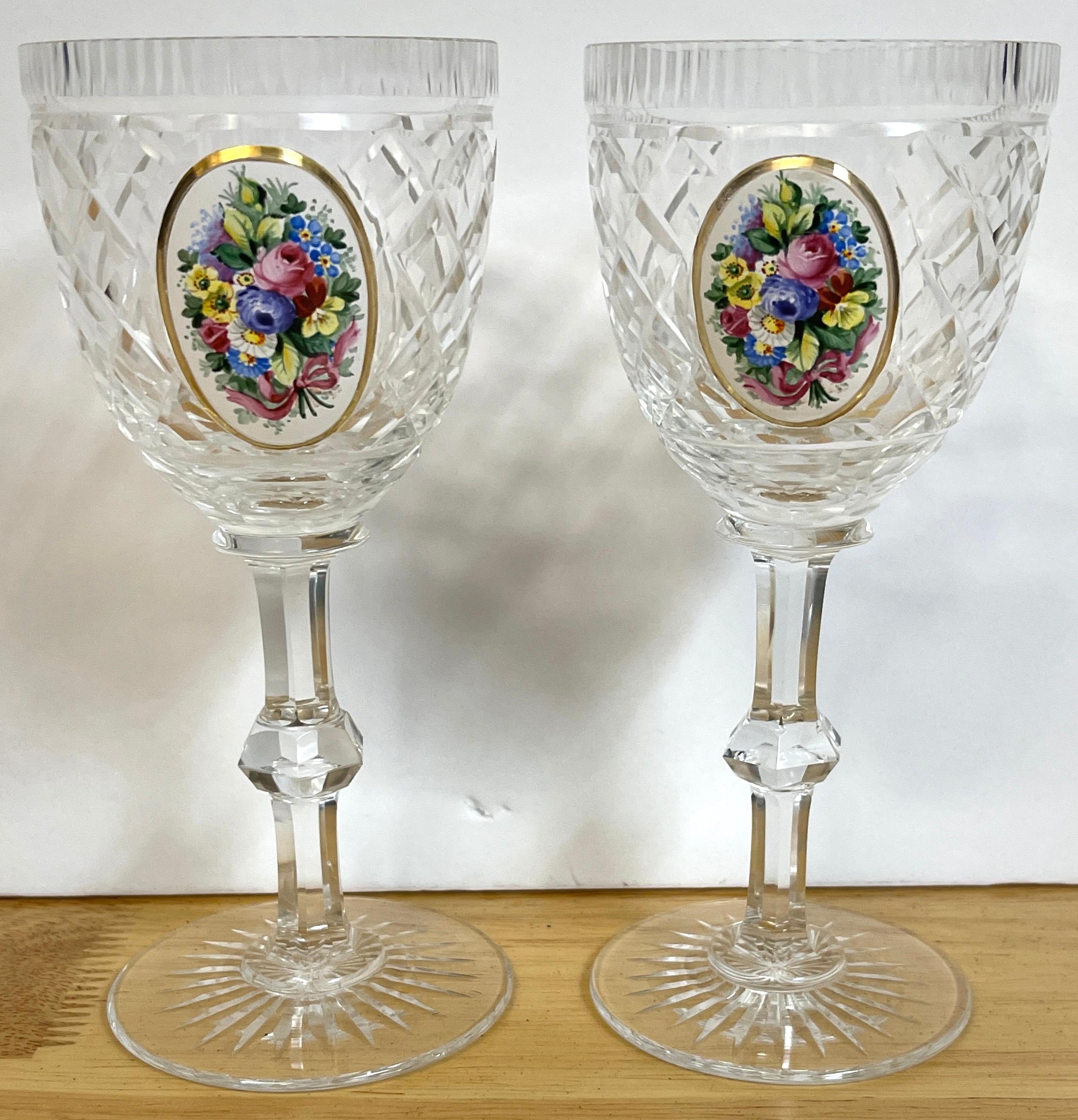 20th Century 8 Exquisite Moser Floral Enameled Cut to Clear Enamel Glasses For Sale