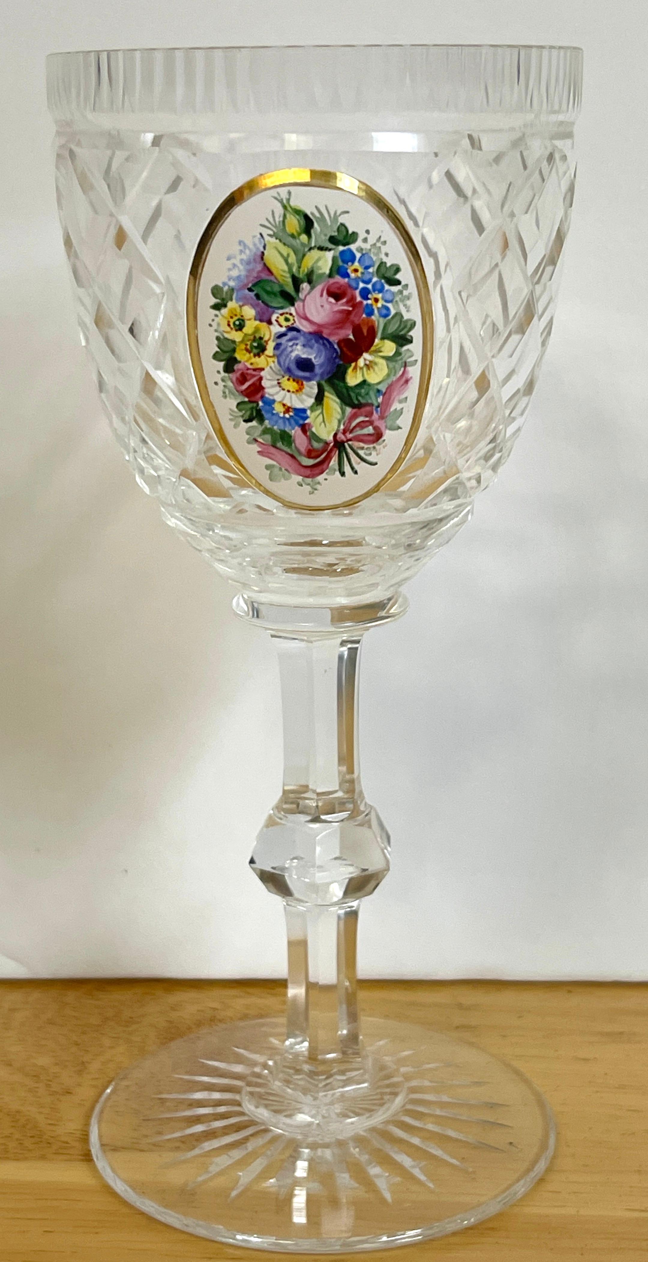 Crystal 8 Exquisite Moser Floral Enameled Cut to Clear Enamel Glasses For Sale