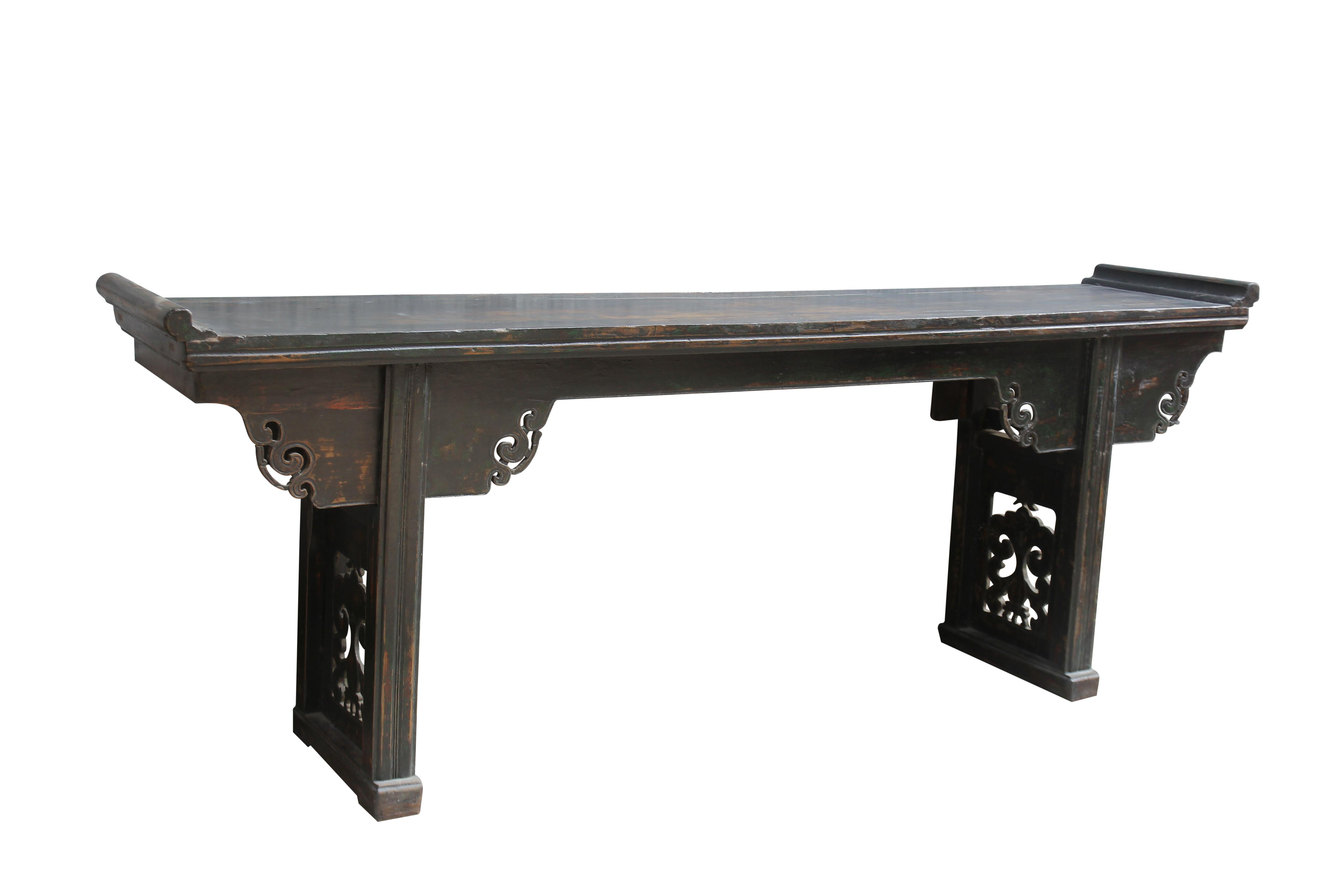 Hand-Carved Antique Chinese Altar Console Table For Sale