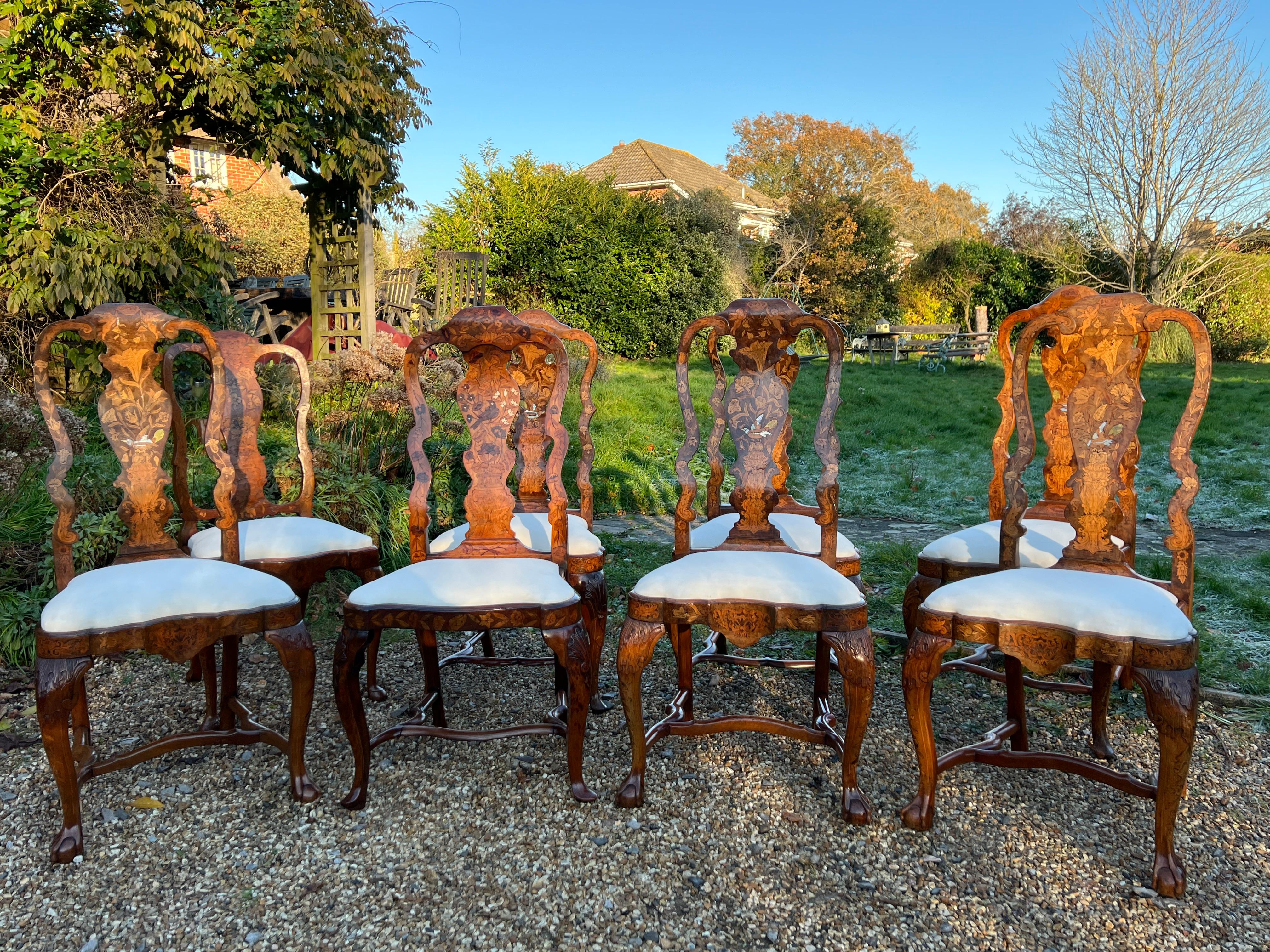 8 Fine 18th Century Walnut Floral Marquetry Chairs 1