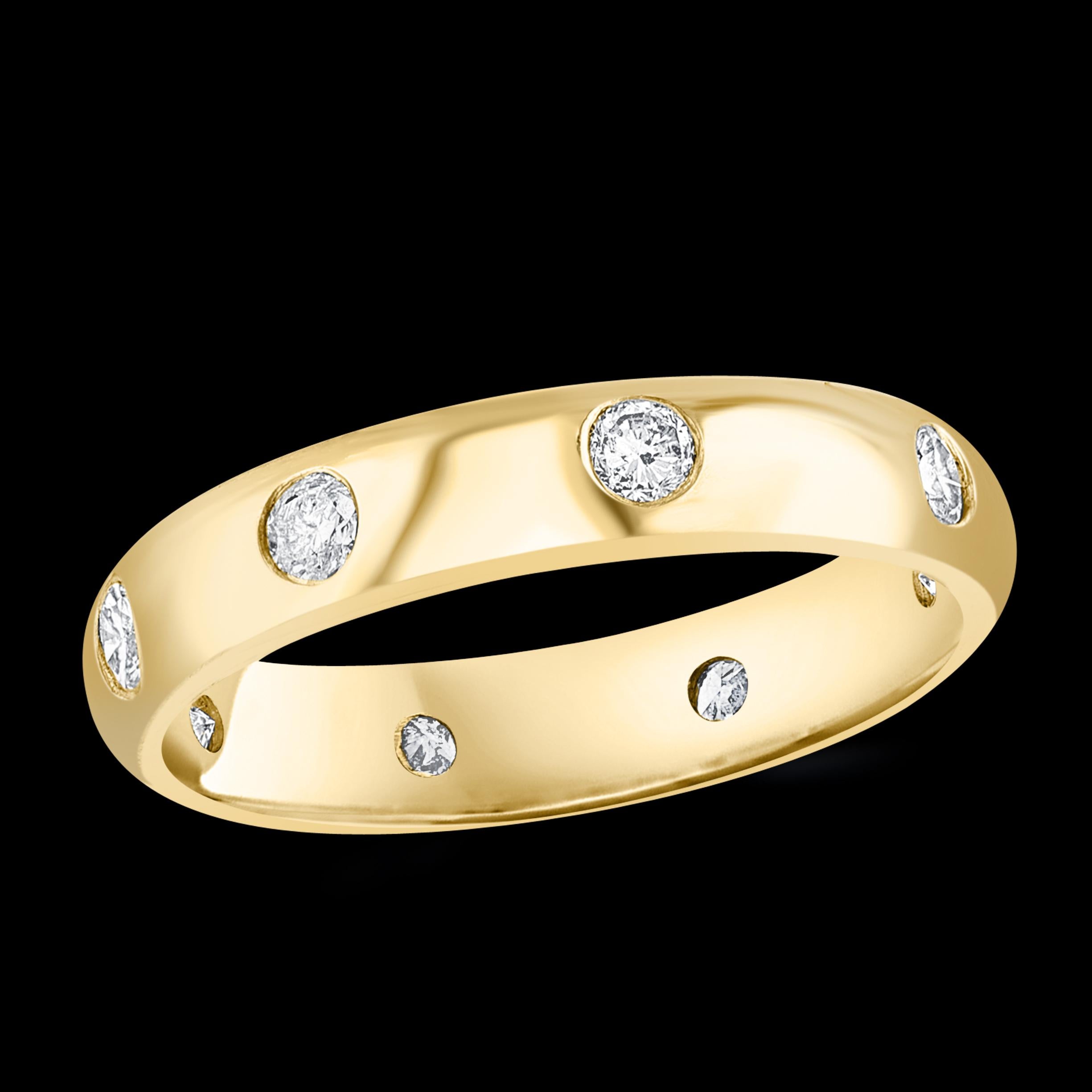 8 Flush Set Bezel Diamond Eternity Wedding Band in 14 Karat Yellow Gold Size 7 ad 1/2
All 8 diamonds are scattered uniformly all around the band 
Very clean and shiny diamonds.
8 pointer diamonds are used 
total weight of the diamond is 0.64ct
This