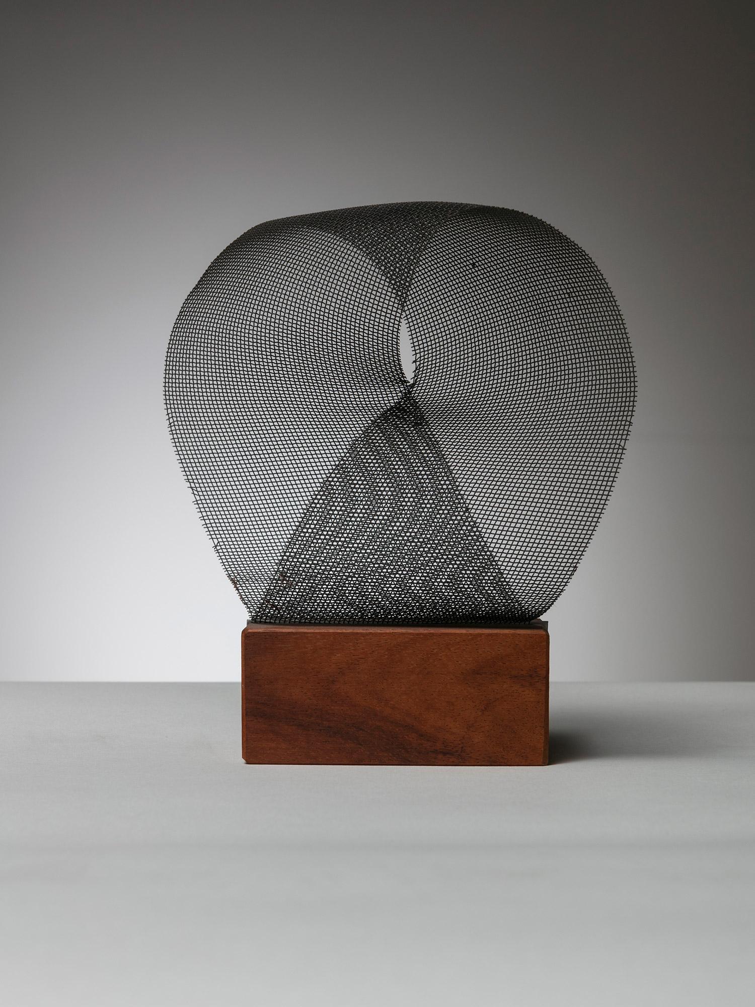 Italian 70s metal sculpture composed by a folded metal net fastened to a wood base.
Titled, signed and numbered piece with connections to Bruno Munari works.
