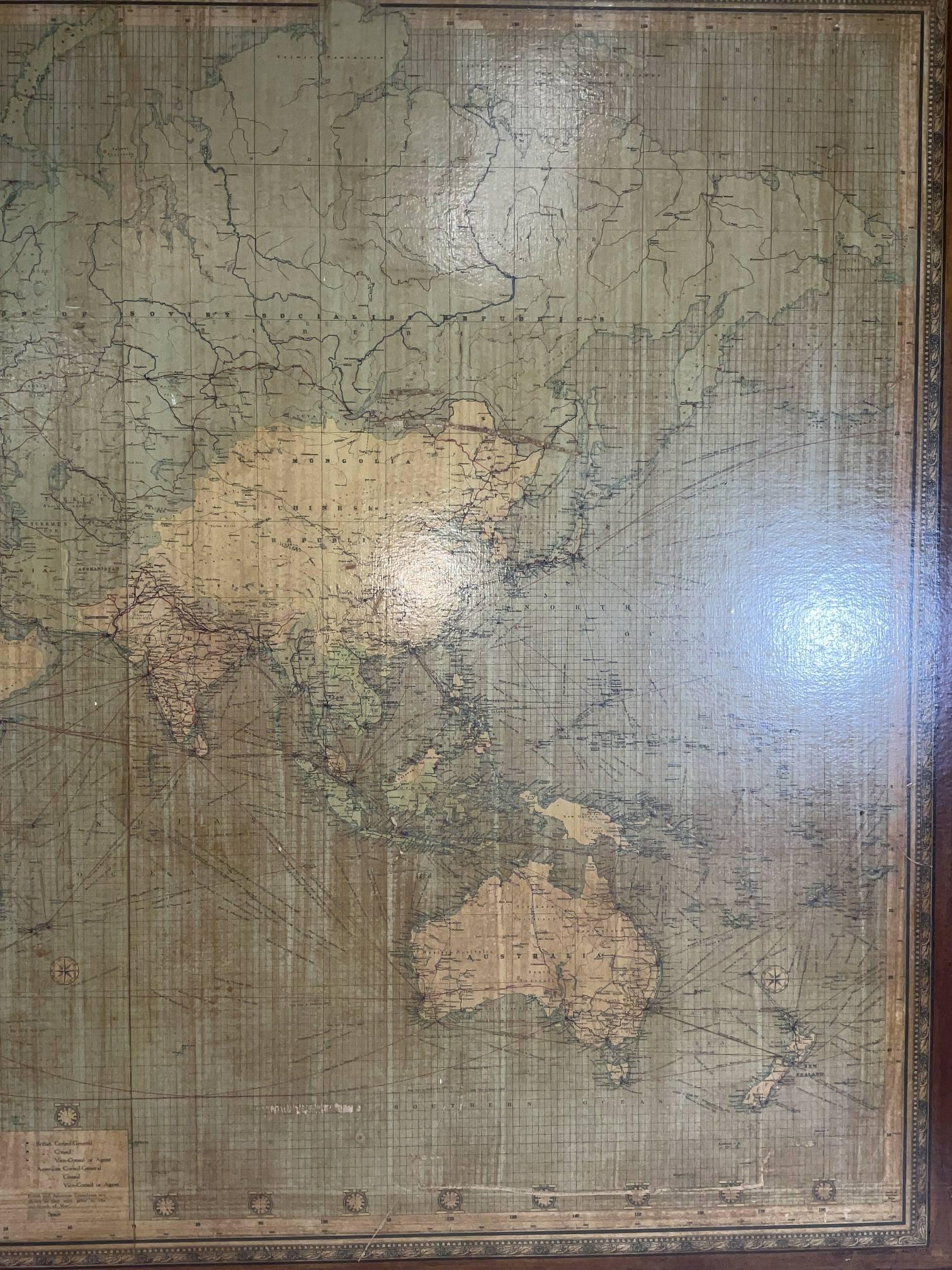 North American 8 Foot Framed World Map by Philips For Sale