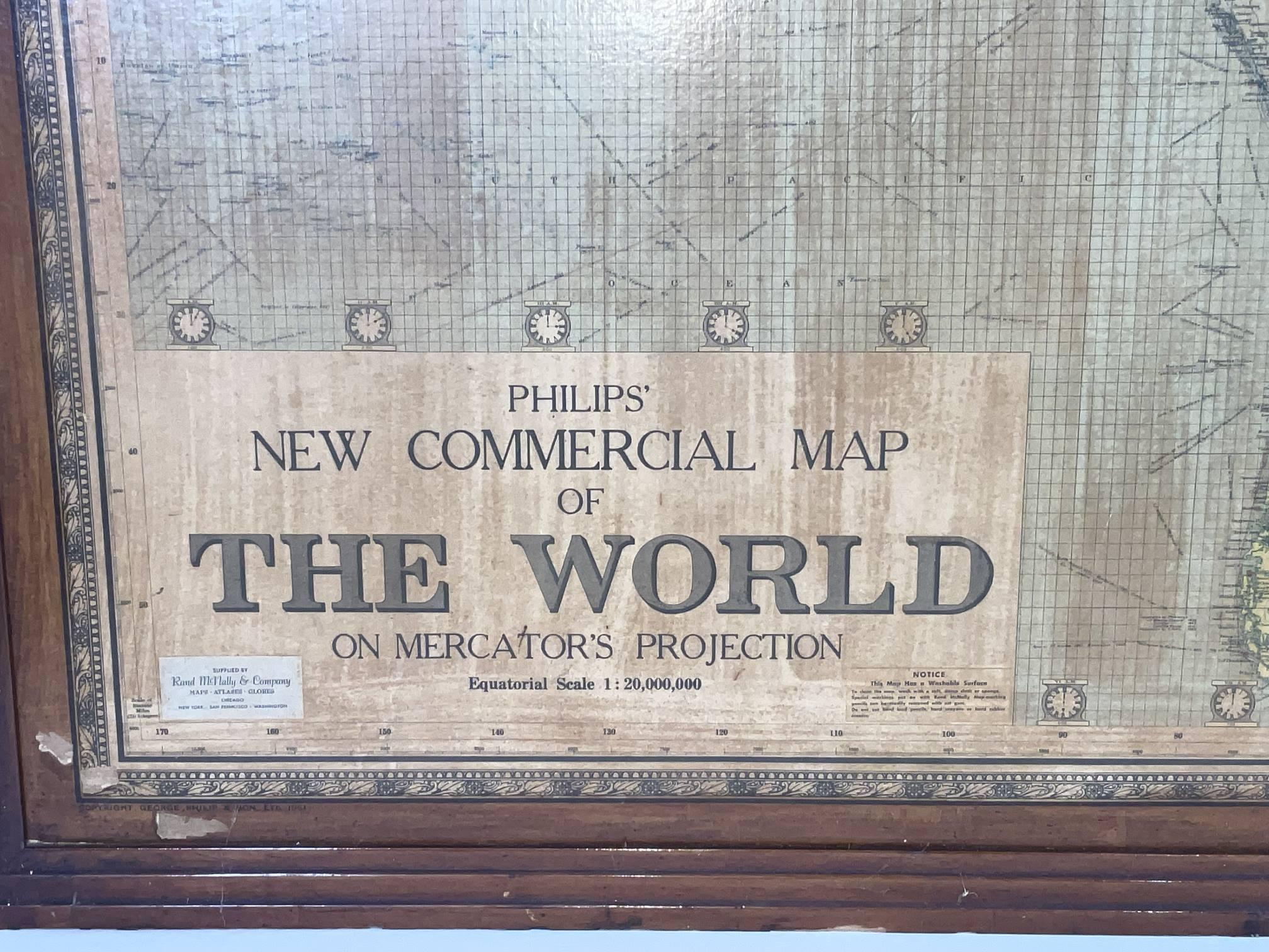 8 Foot Framed World Map by Philips For Sale 1