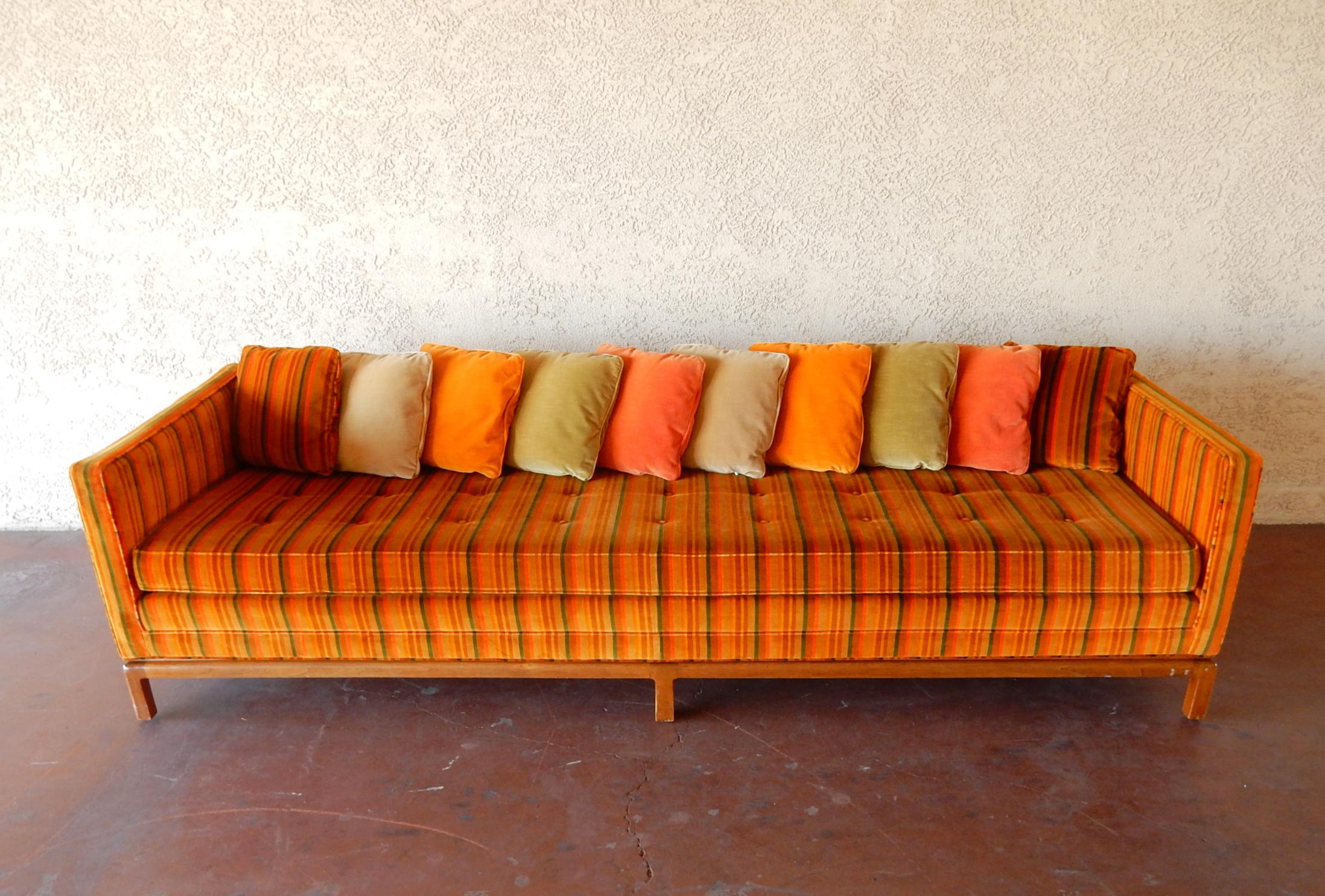 8 foot long Multi Color Pillow Back Velvet Sofa from the 1960s In Good Condition In Las Vegas, NV