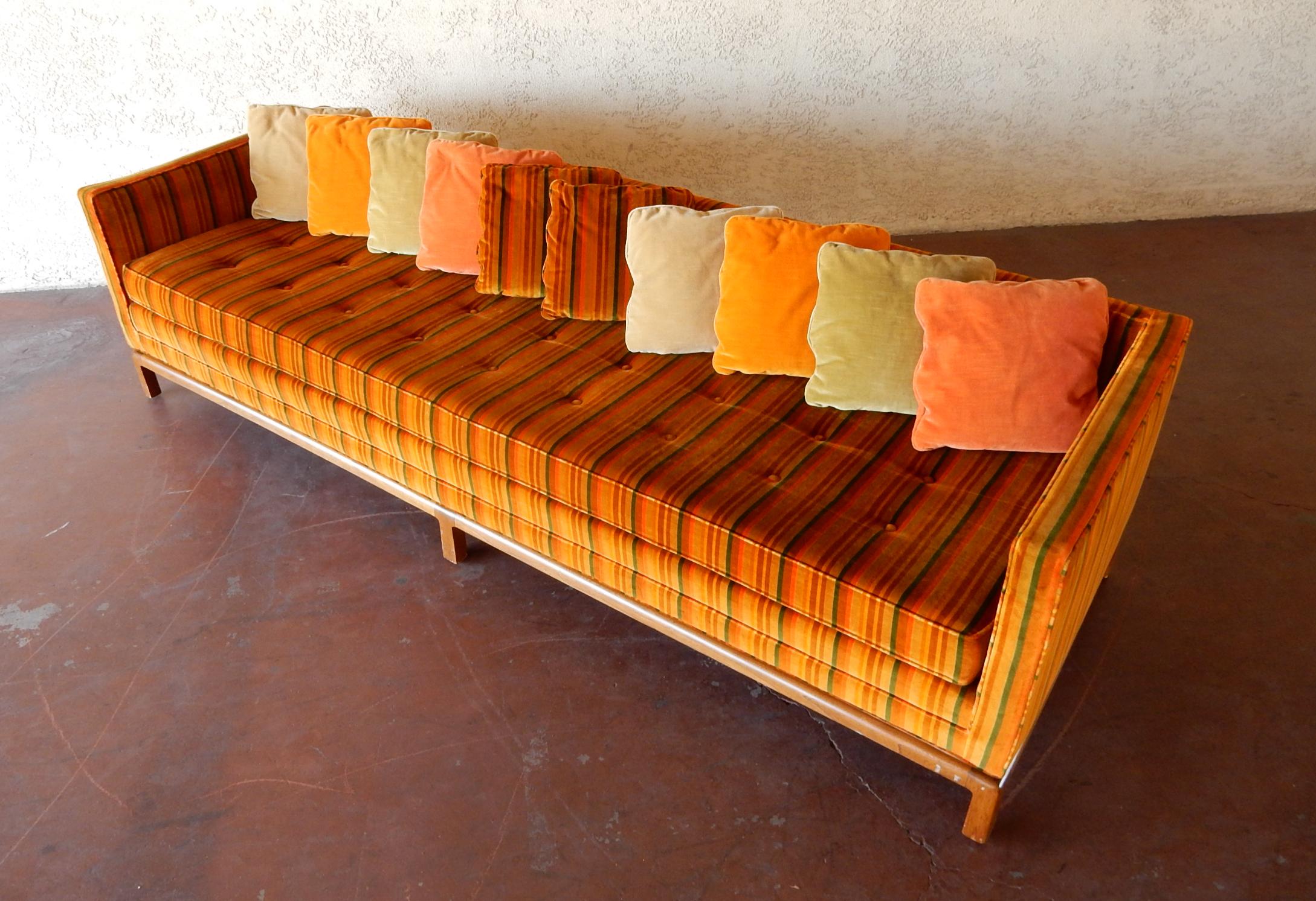 Upholstery 8 foot long Multi Color Pillow Back Velvet Sofa from the 1960s