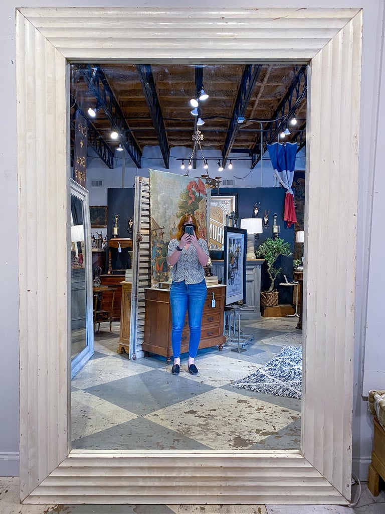 8Foot Vintage French Floor Mirror with Textured Wood Frame in Painted
