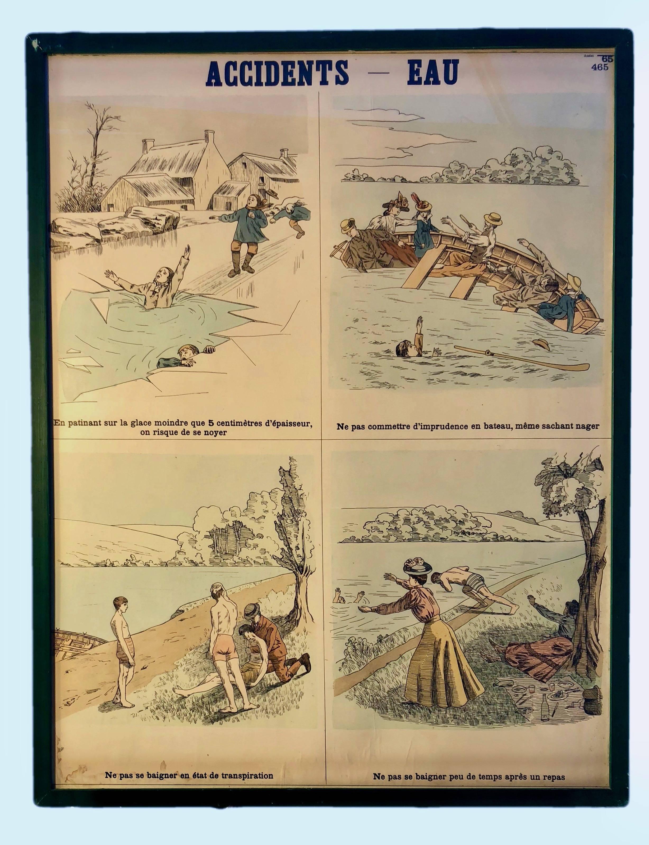 This is a rare set of eight French colorful lithographs used by schools in the 1950s to teach accident prevention to children. Each hazard is written in French and includes- water, poison, (four) fire, home hazards, epidemics and asphyxia. They are