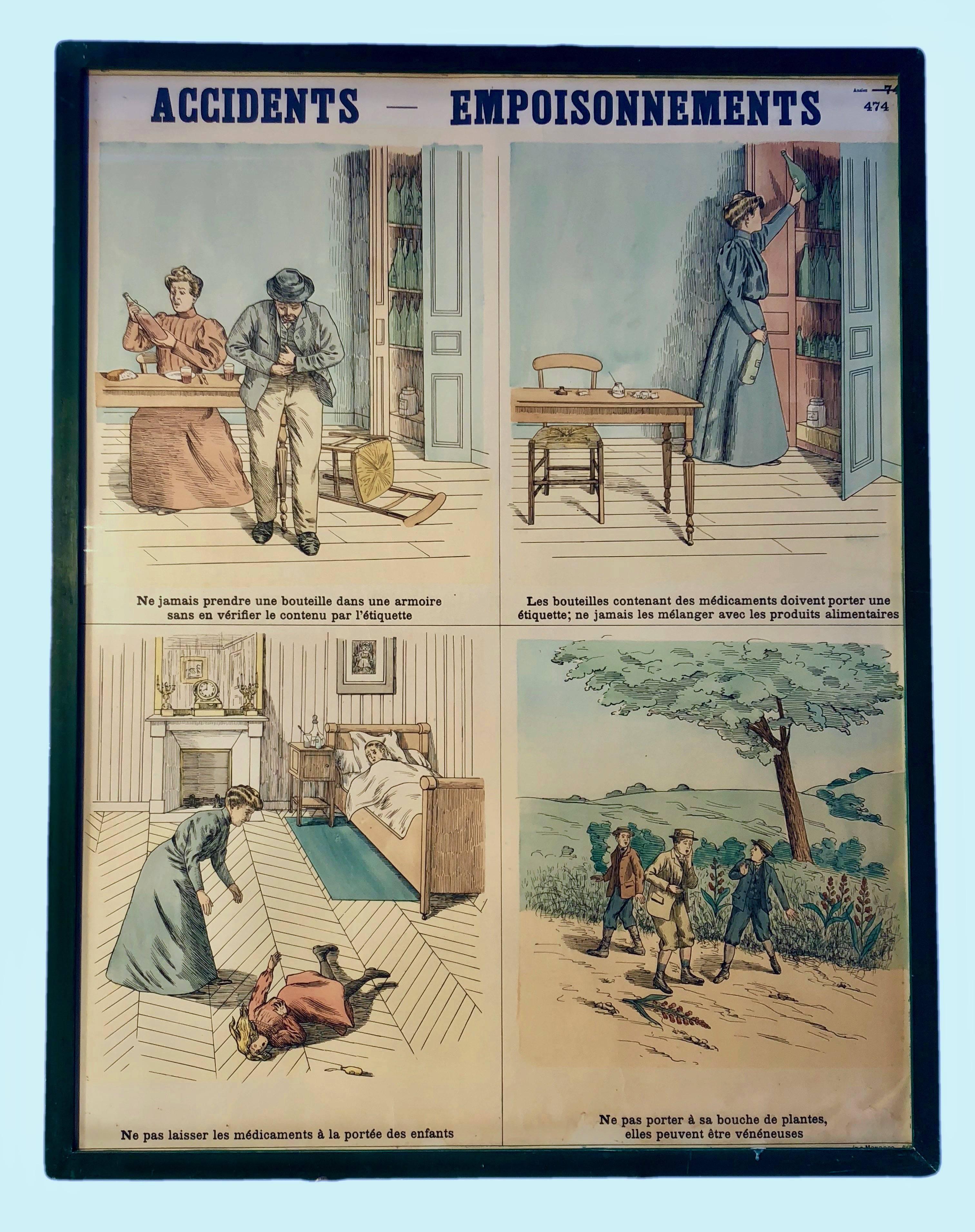 Eight Framed French Lithographs Set for Schools to Teach Accident Prevention In Good Condition For Sale In Petaluma, CA