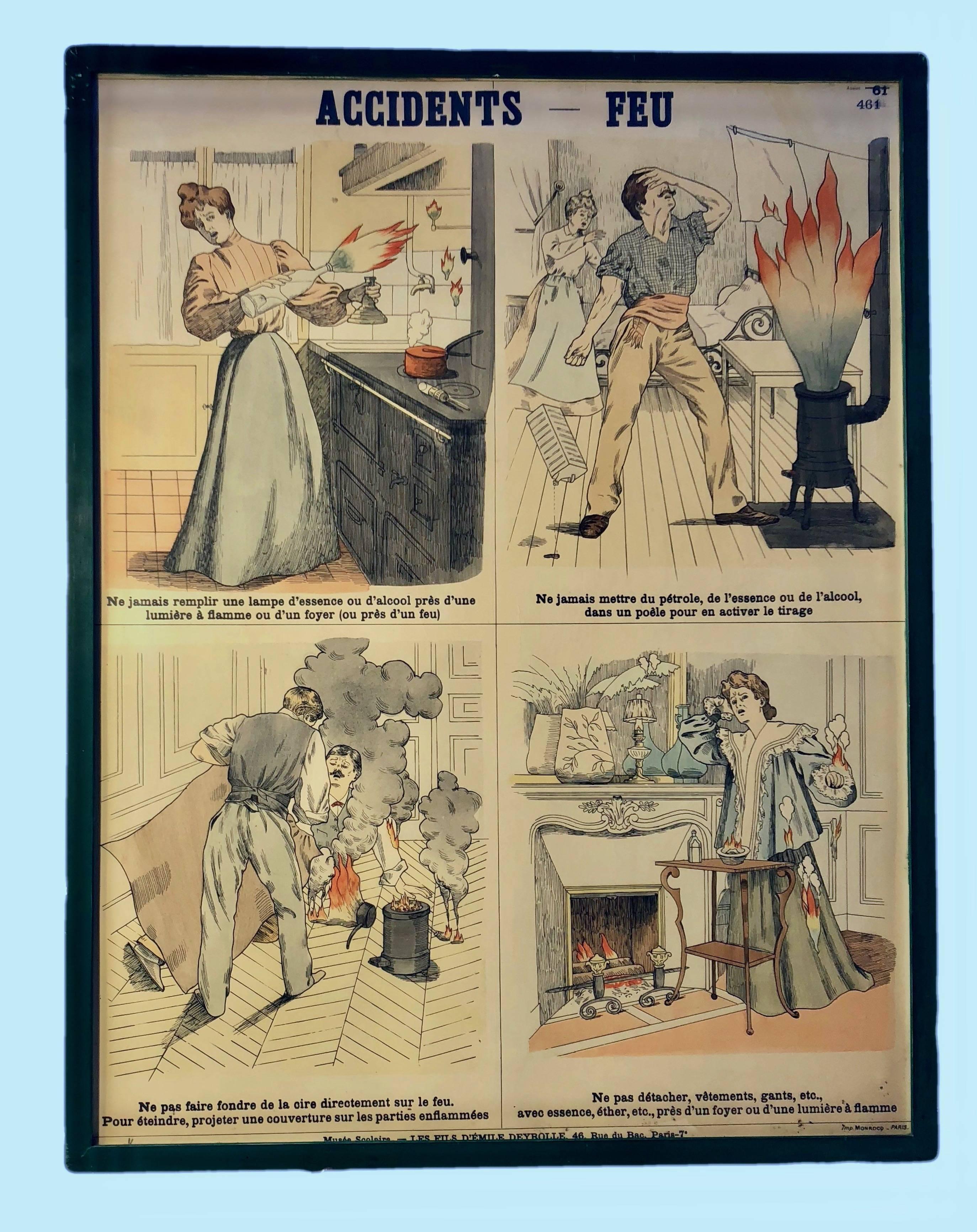 Mid-20th Century Eight Framed French Lithographs Set for Schools to Teach Accident Prevention For Sale