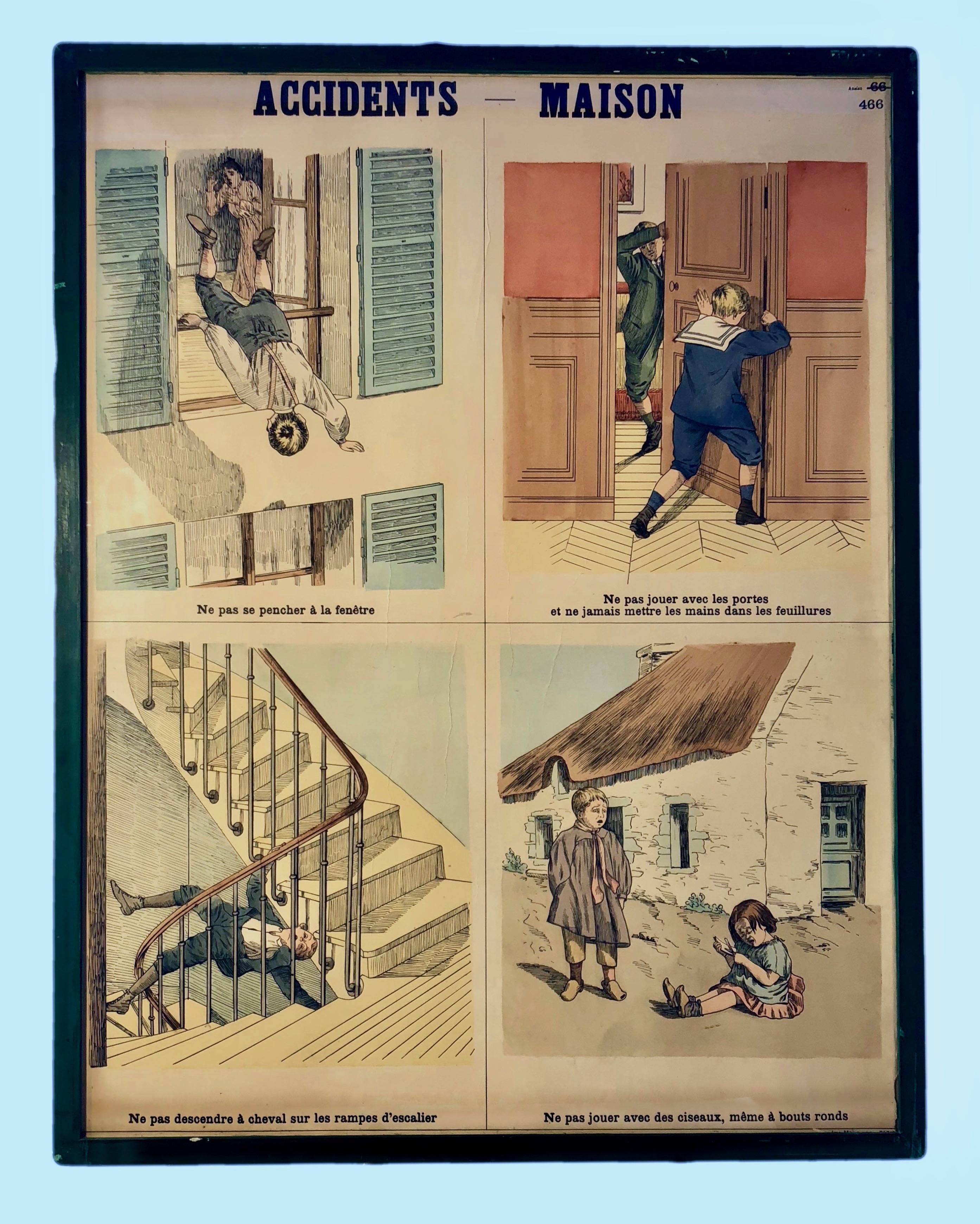 Paper Eight Framed French Lithographs Set for Schools to Teach Accident Prevention For Sale