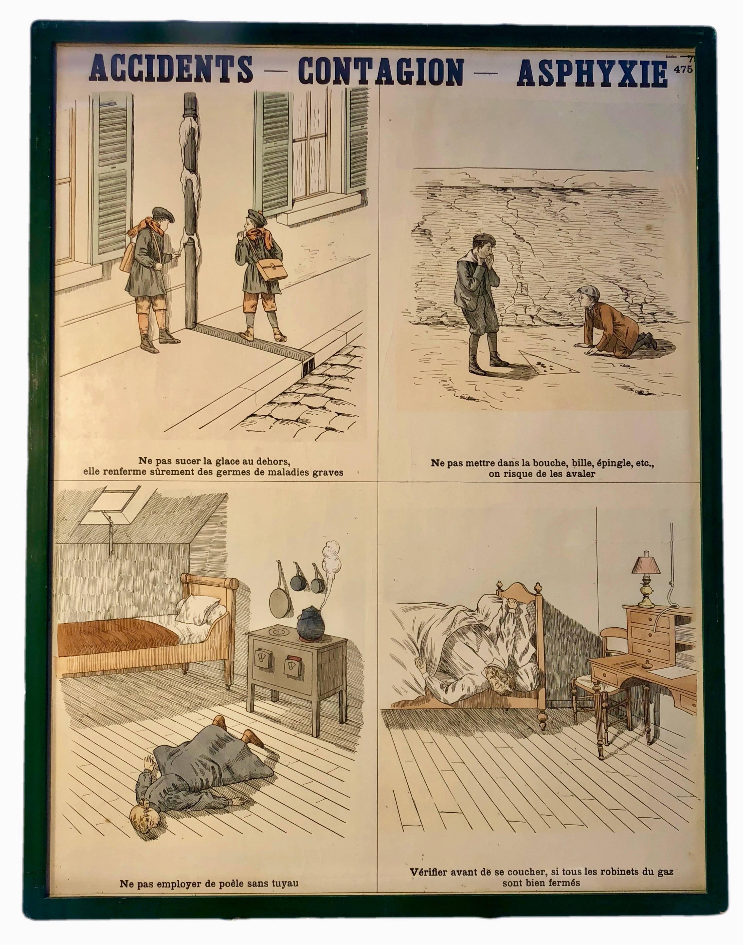 Eight Framed French Lithographs Set for Schools to Teach Accident Prevention For Sale 2