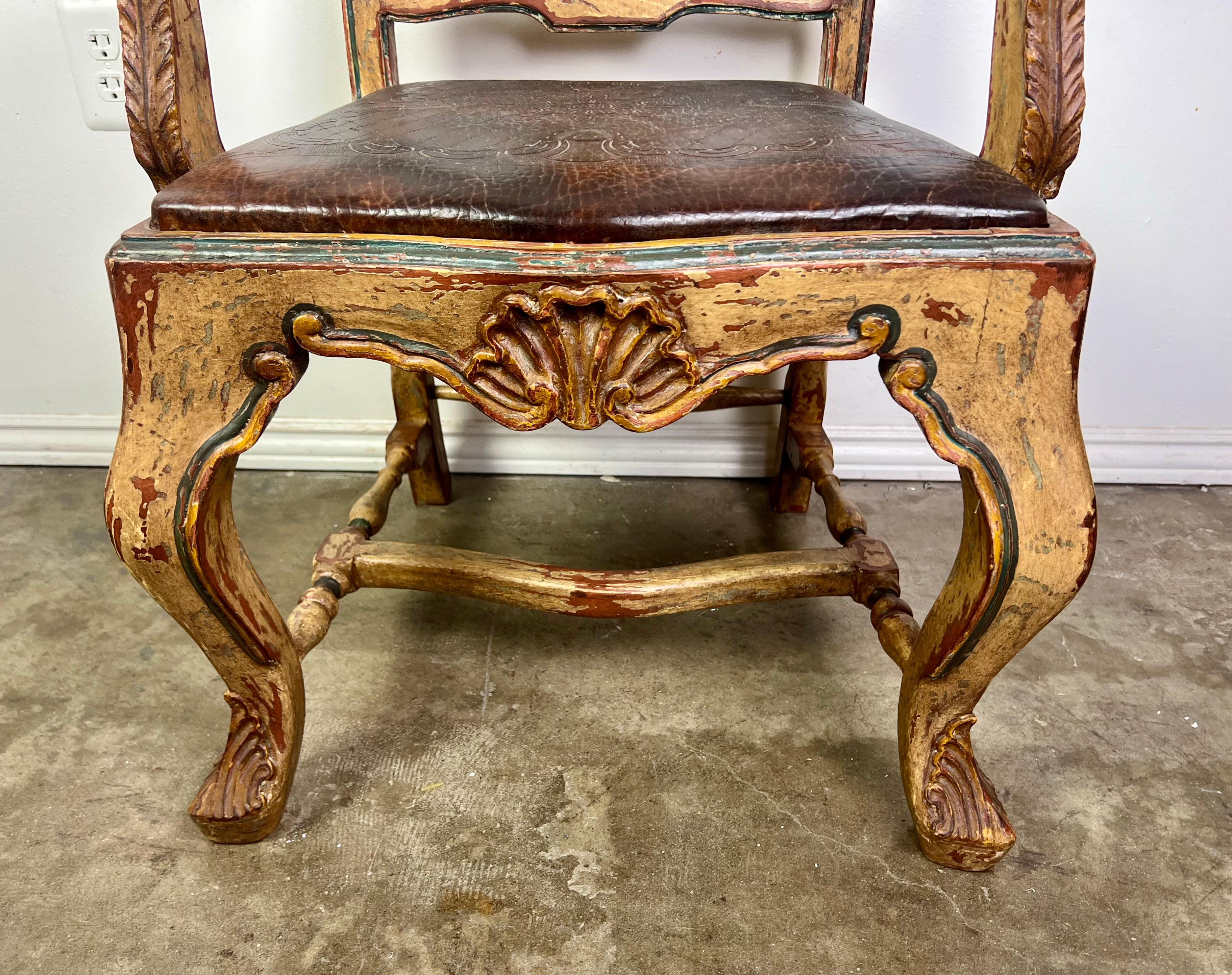 (8) French Provincial Hand Painted Dining Chairs w/ Leather Embossed Seats For Sale 8