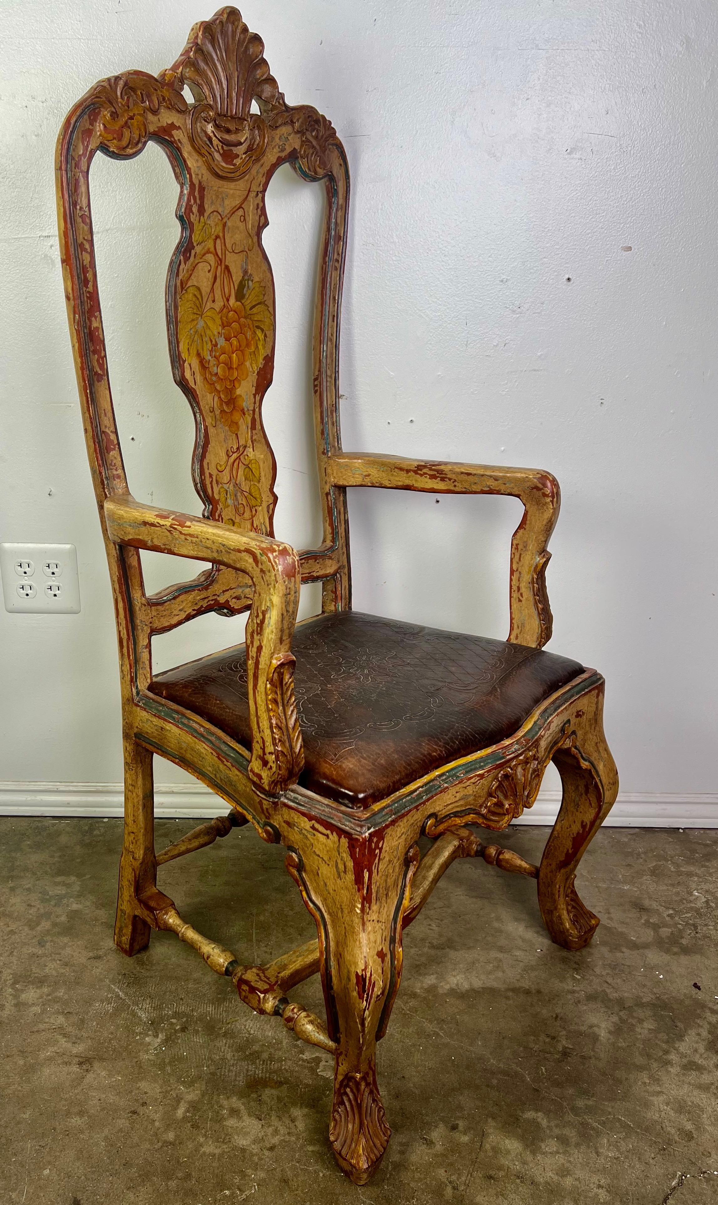 (8) French Provincial Hand Painted Dining Chairs w/ Leather Embossed Seats For Sale 9