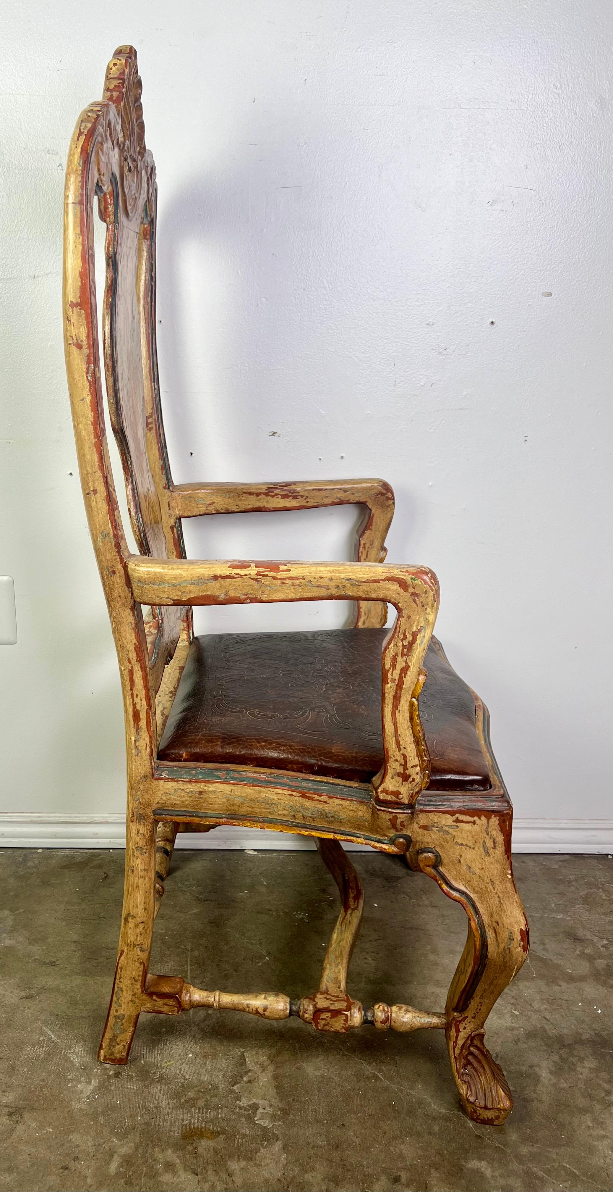 (8) French Provincial Hand Painted Dining Chairs w/ Leather Embossed Seats For Sale 10