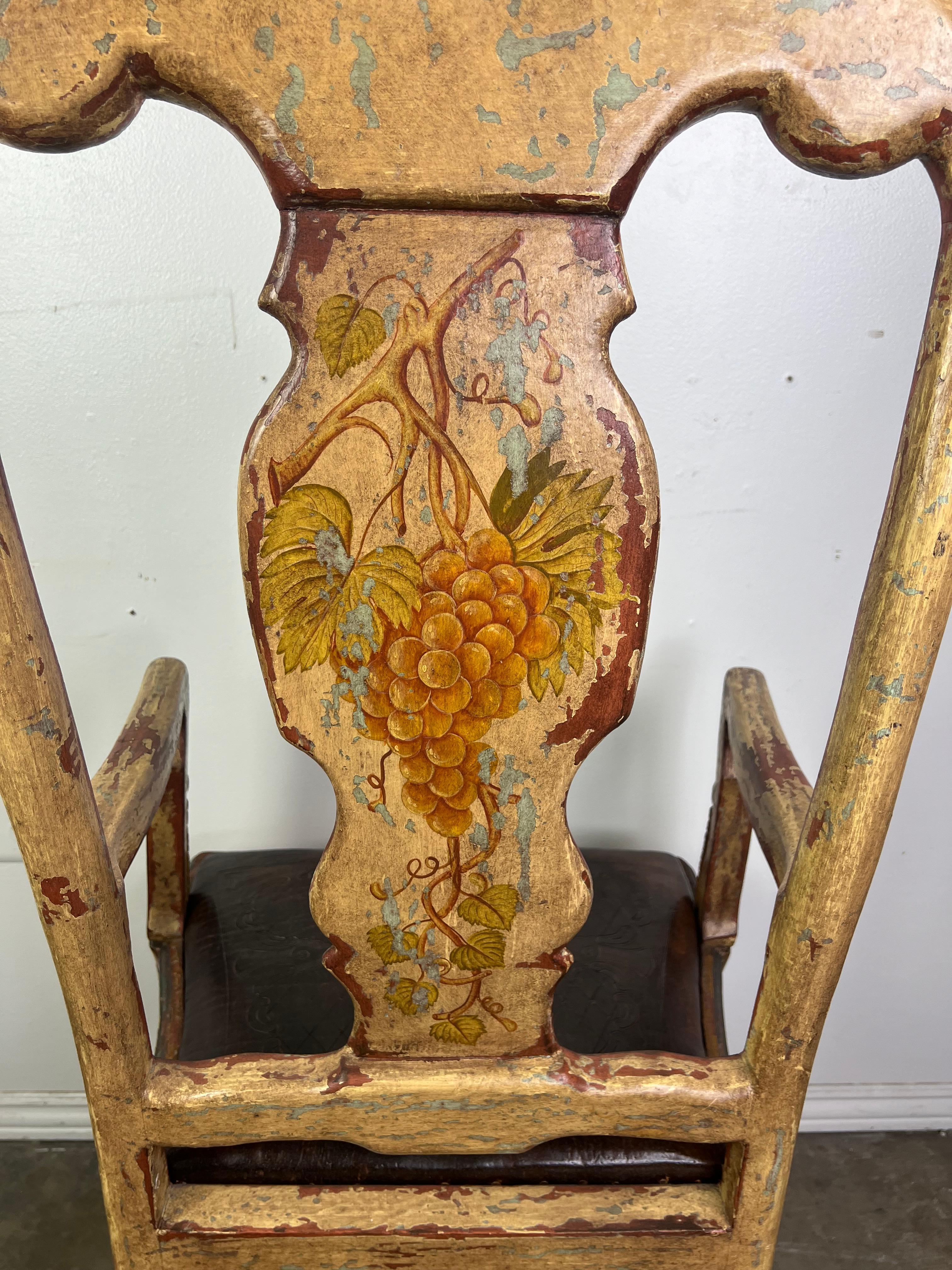 (8) French Provincial Hand Painted Dining Chairs w/ Leather Embossed Seats For Sale 12