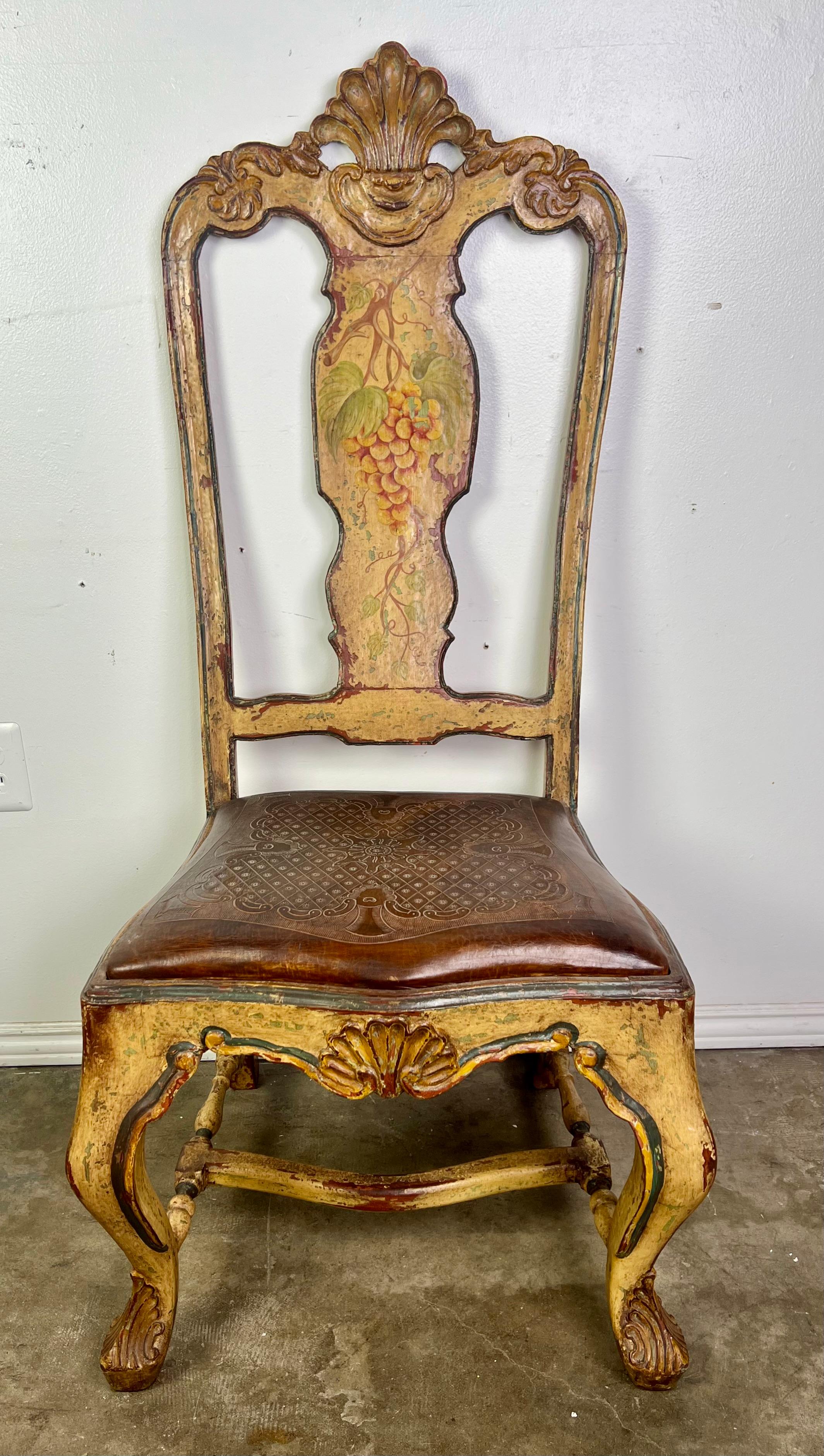 (8) French Provincial Hand Painted Dining Chairs w/ Leather Embossed Seats For Sale 14