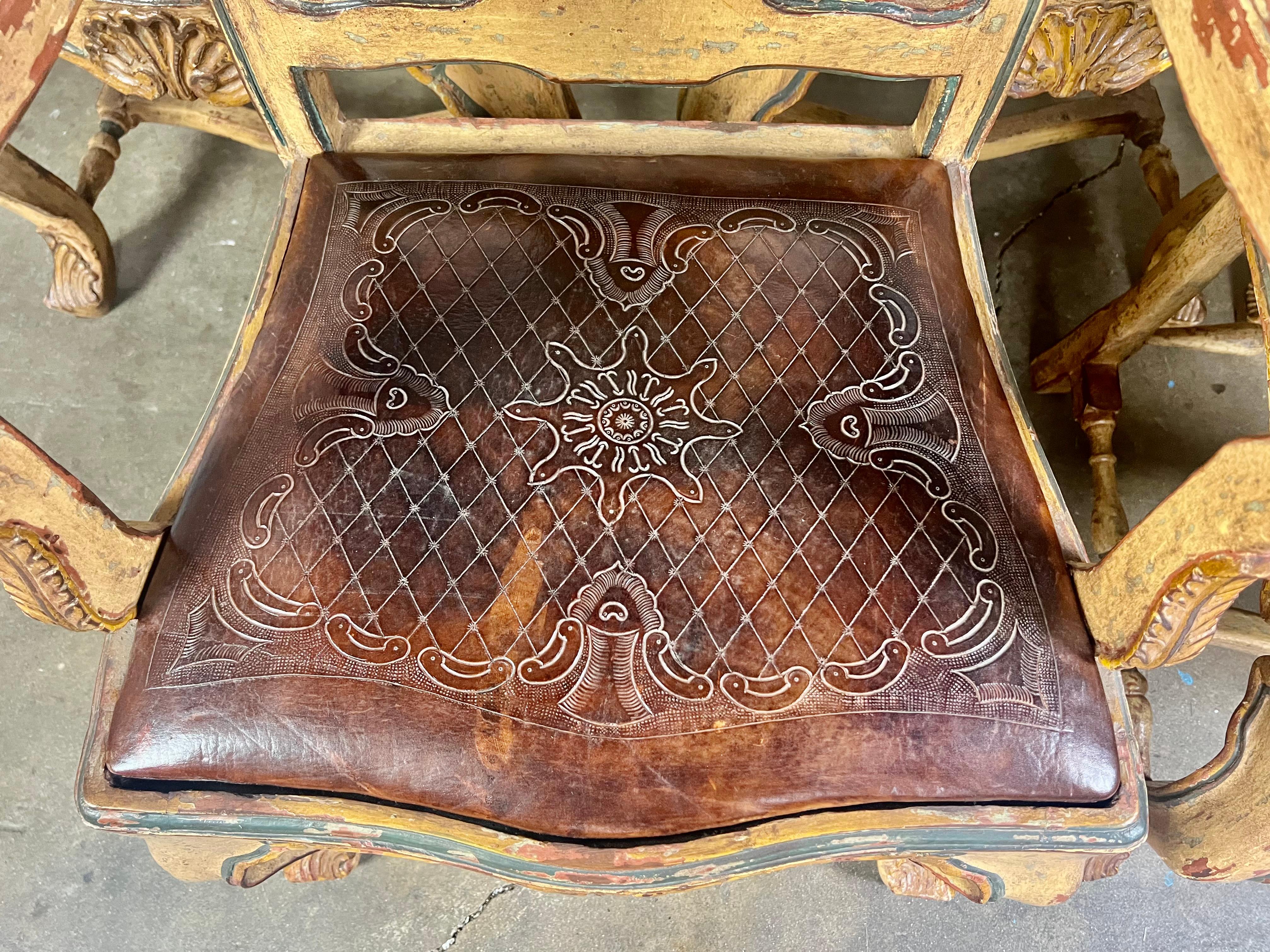 (8) French Provincial Hand Painted Dining Chairs w/ Leather Embossed Seats In Distressed Condition For Sale In Los Angeles, CA