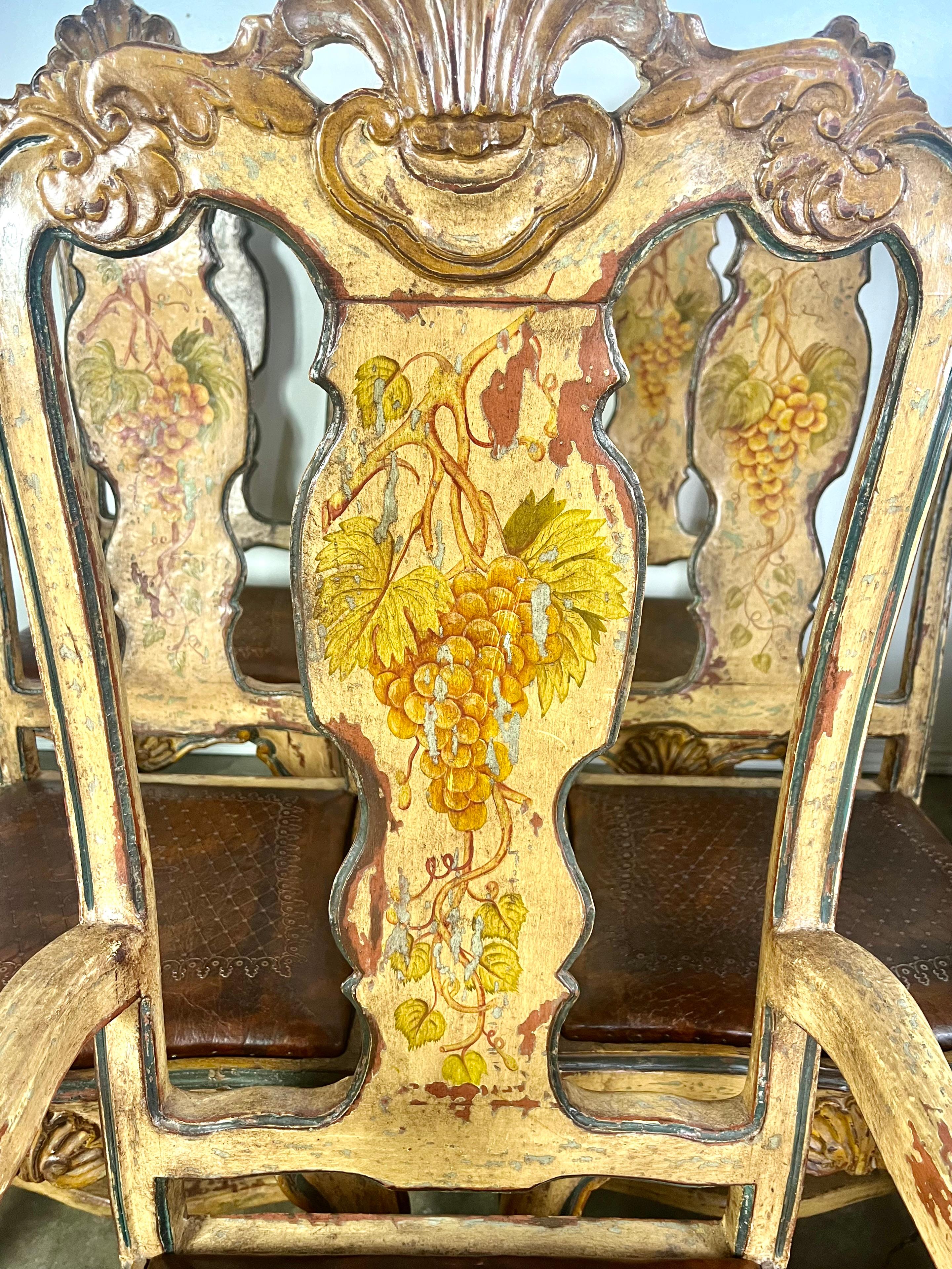 20th Century (8) French Provincial Hand Painted Dining Chairs w/ Leather Embossed Seats For Sale