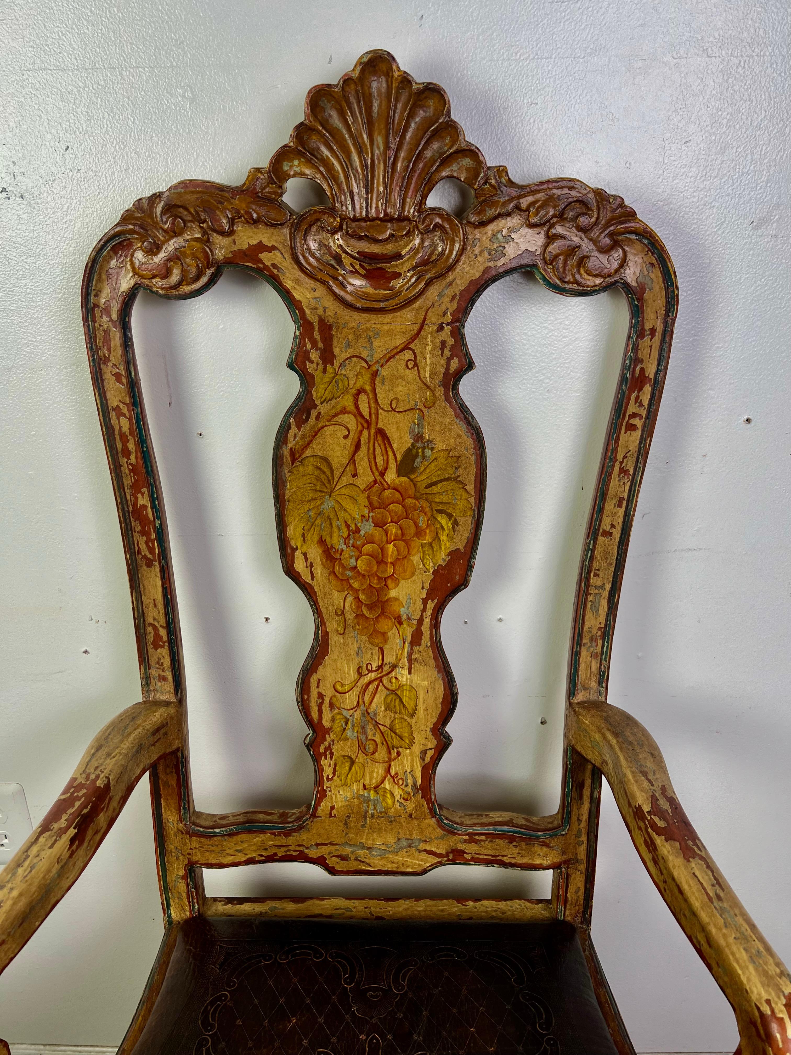 (8) French Provincial Hand Painted Dining Chairs w/ Leather Embossed Seats For Sale 5