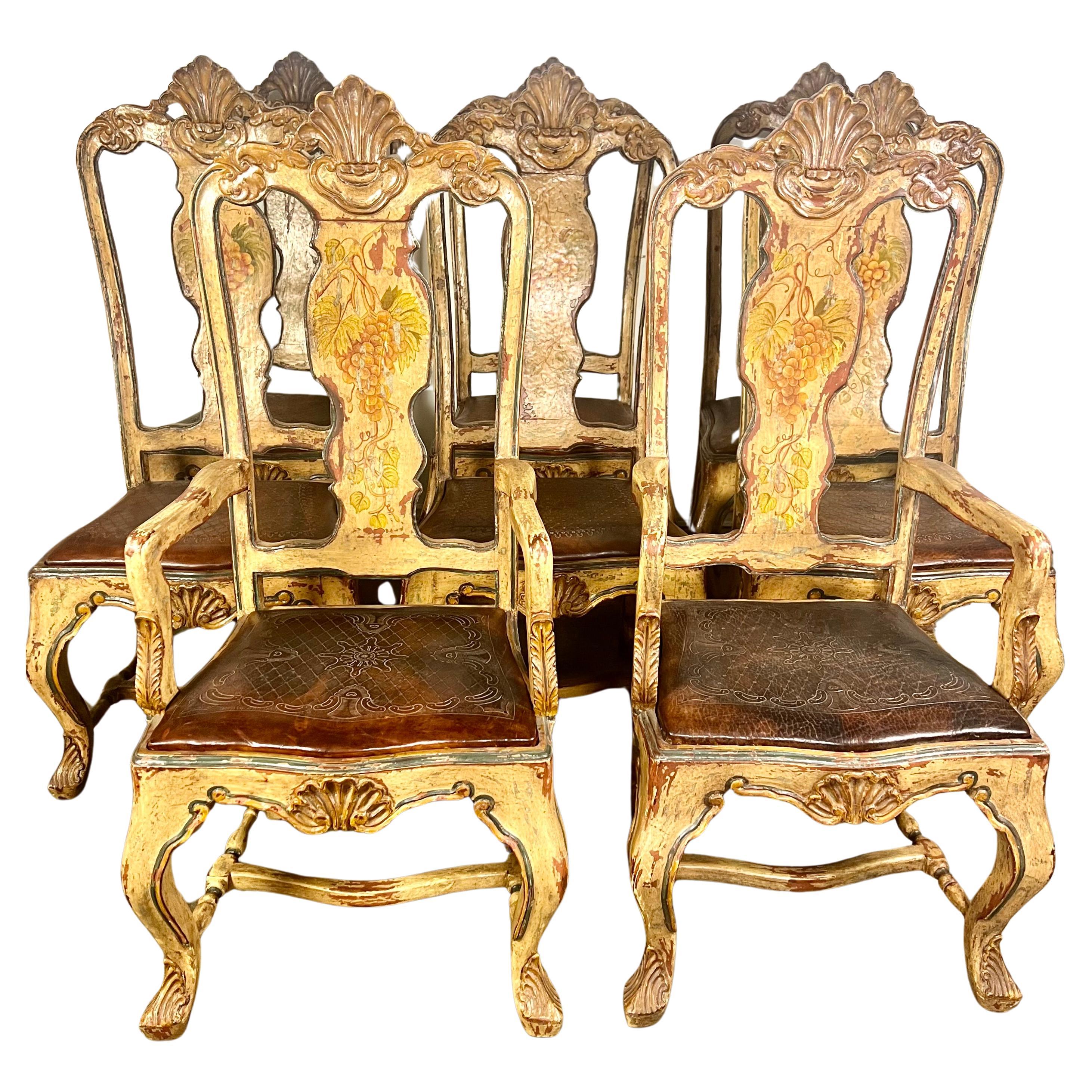 (8) French Provincial Hand Painted Dining Chairs w/ Leather Embossed Seats For Sale