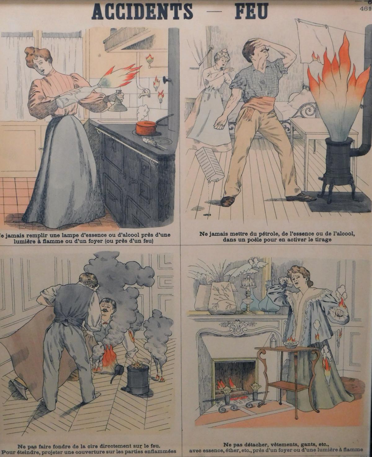Each with four panels detailing various ways to prevent accidents and lessons learned, including 'Feu, Eau, Contagion, Empoisonnements, and Maison'; based on 19th century original lithographs by Emile Deyrolle; Les Fils d’Emile Deyrolle, Rue du Bac,