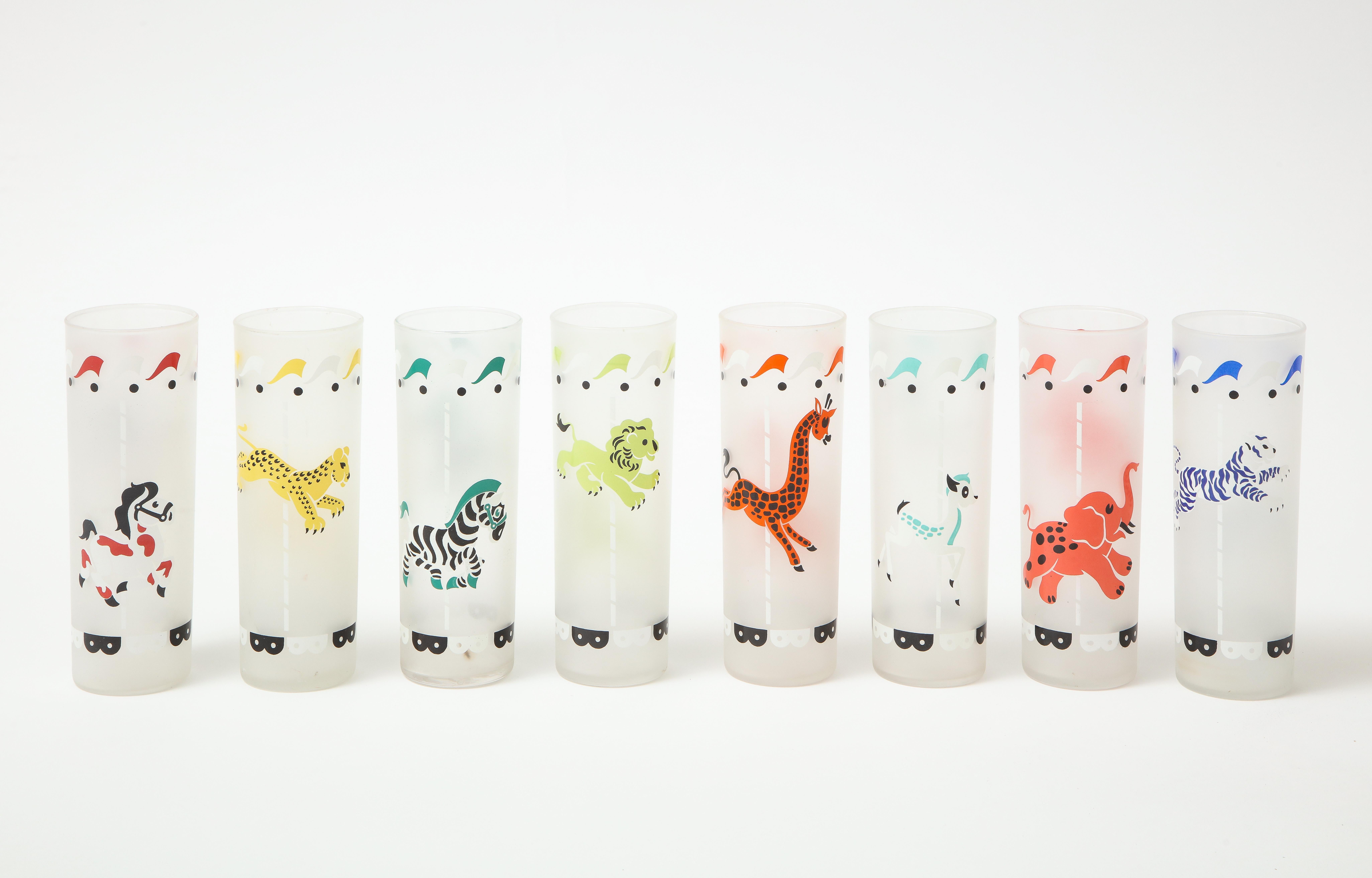 Set of 8 whimsical high ball glasses featuring frosted glass background and colorful enameled circus-carousel animals.