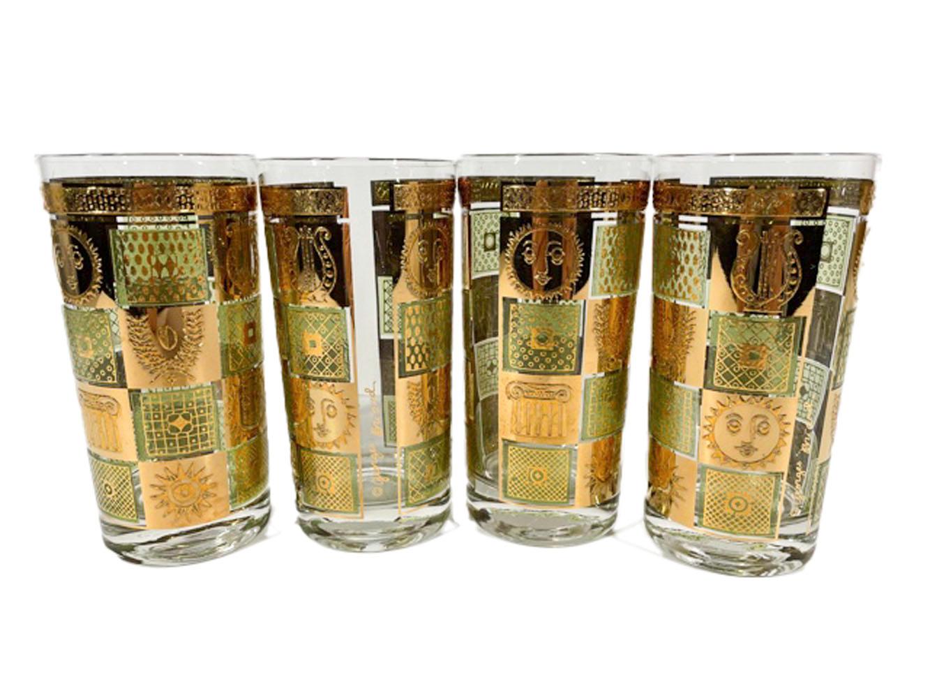8 verres Georges Briard Golden Celeste Highball en émail vert et or 22 carats Bon état - En vente à Nantucket, MA